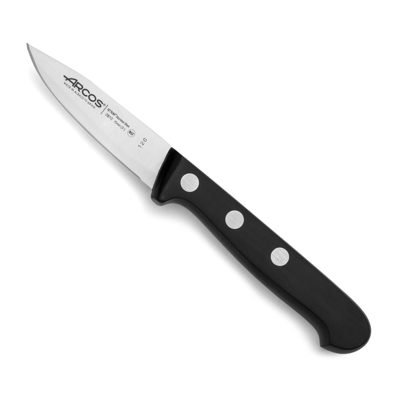 Arcos Cuchillo Pelar con Remaches Acero Inoxidable. Cuchillo Cocina para Pelar Frutas y Verduras. Mango Ergonómico Polioximetileno y Hoja 75mm. Serie Universal. Color Negro.
