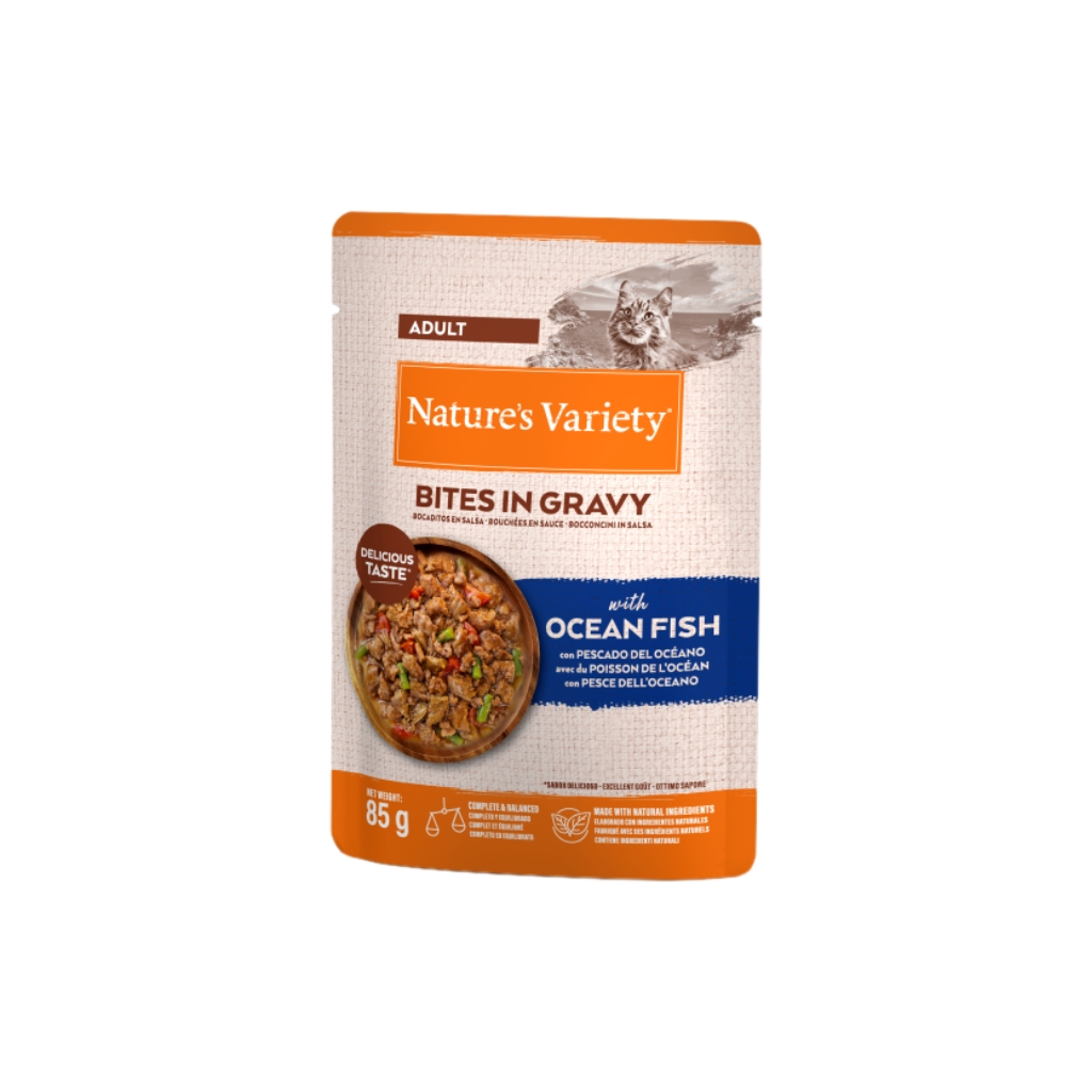 NATURE´S VARIETY Bites in Gravy (85 gr) - Comida Húmeda para Gatos Adultos Cocinada al Vapor (Salmón, Pollo, Pavo, Atún, Bacalao ó Pescado del Océano)