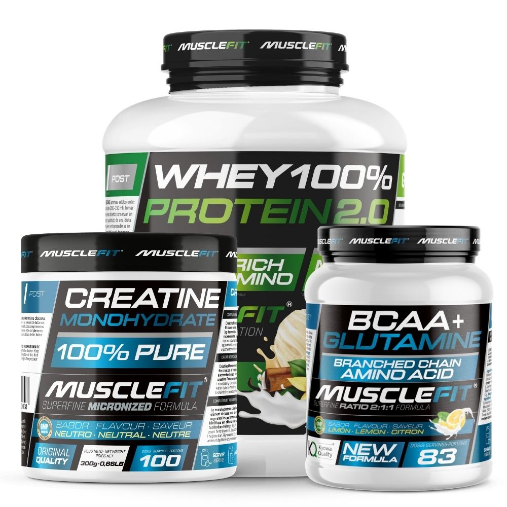 Musclefit PACK Súper Ahorro Proteína Whey 2kg + Creatina Monohidrato 300g + Glutamina + BCAA 500g
