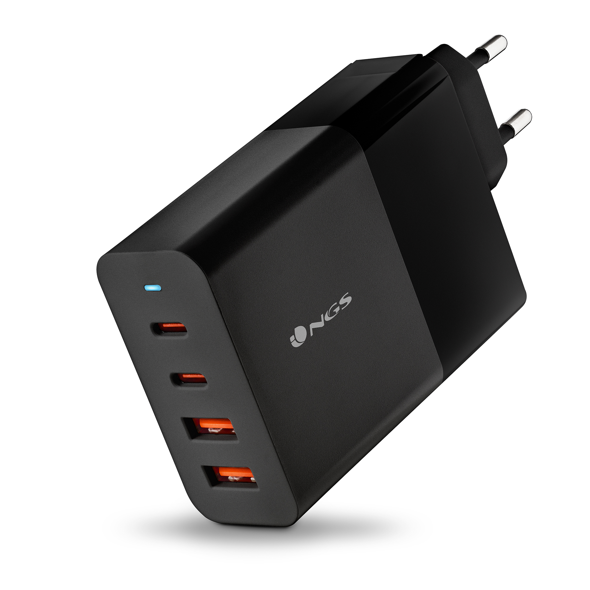 NGS BUD 100W:Cargador GaN de pared universal de 100W con 4 Puertos: 2 USB-C+2 USB-A. Carga rápida. Gran compatibilidad. Carga simultánea. Negro.