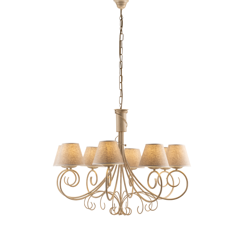 Vienesa - Lámpara de araña marfil con pantallas efecto yute y oro antiguo, 8 luces Ø78 - Belight