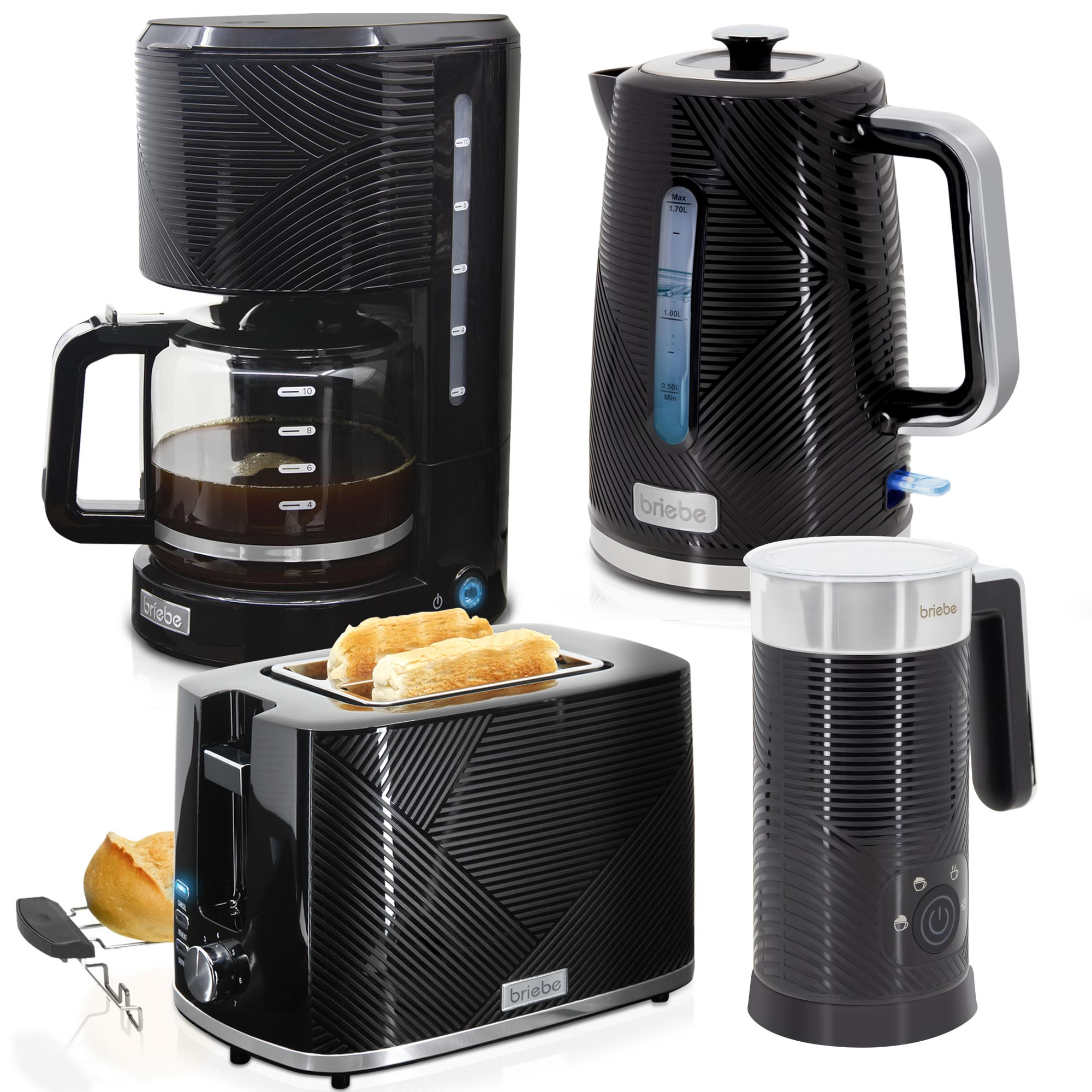 Briebe SKT1185BLK Elegance Set Tostador Pan 2 Rebanadas, Hervidor Agua Eléctrico Cafetera 1,25L Espumador Leche, 2200W, Negro
