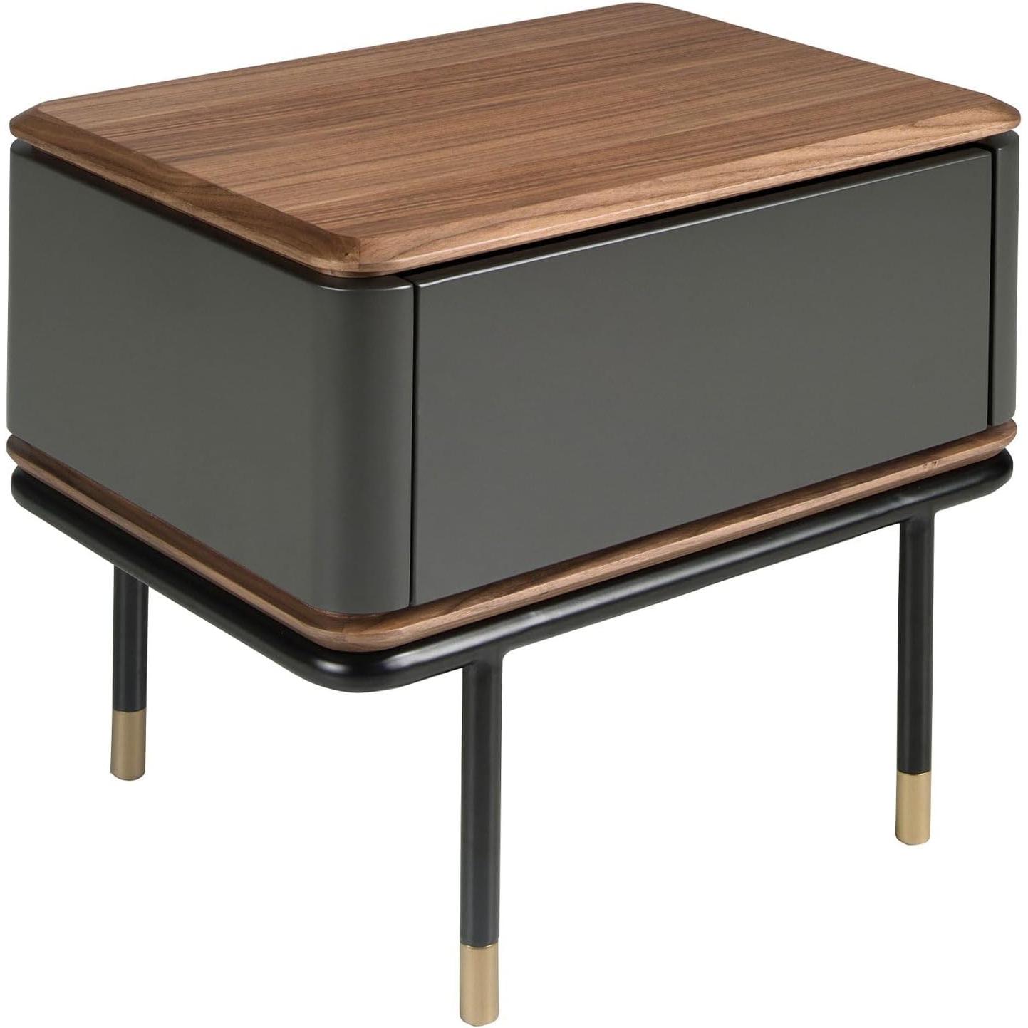 ANGEL CERDÁ - Mesita de Noche en Madera Gris Oscuro y Nogal con Patas de Acero Negro - Mesa Dormitorio con Cajón Push & Pull - Diseño Moderno y Sofisticado - 60 x 45 x 50 cm