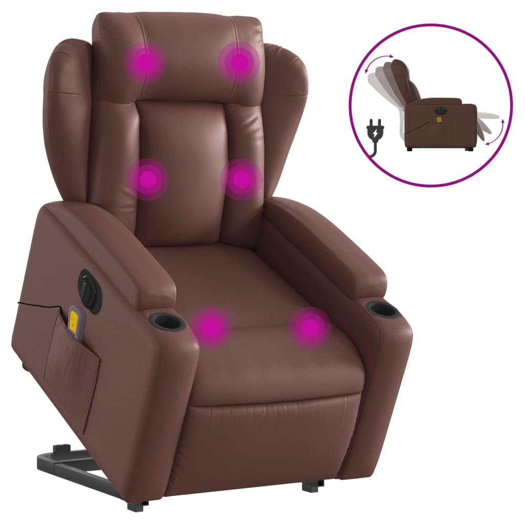 vidaXL Sillón de masaje elevable eléctrico cuero sintético marrón