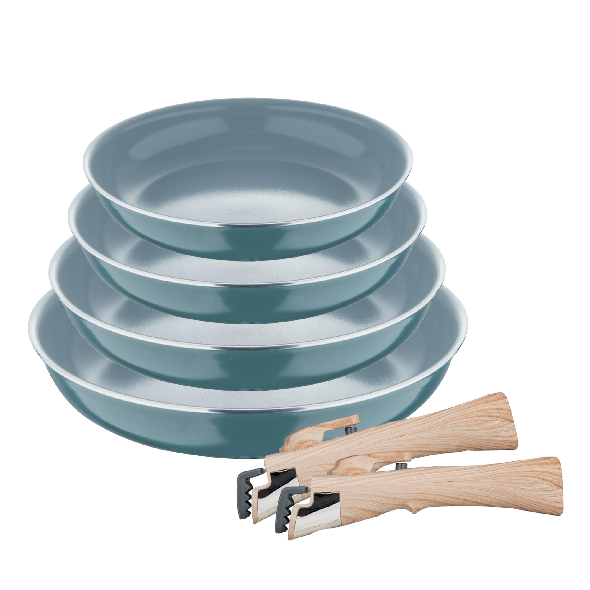 Juego de 6 pcs: 3 sartenes Ø18Ø20Ø24cm y 3 Cacerolas Ø16Ø18Ø20cm en aluminio prensado con revestimiento ILAG con 2 mangos extraibles