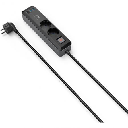 Hama 2Tomas 1xUSB-A+2XUSB-C 65W PD Interruptor 1,4m Negro/Gris