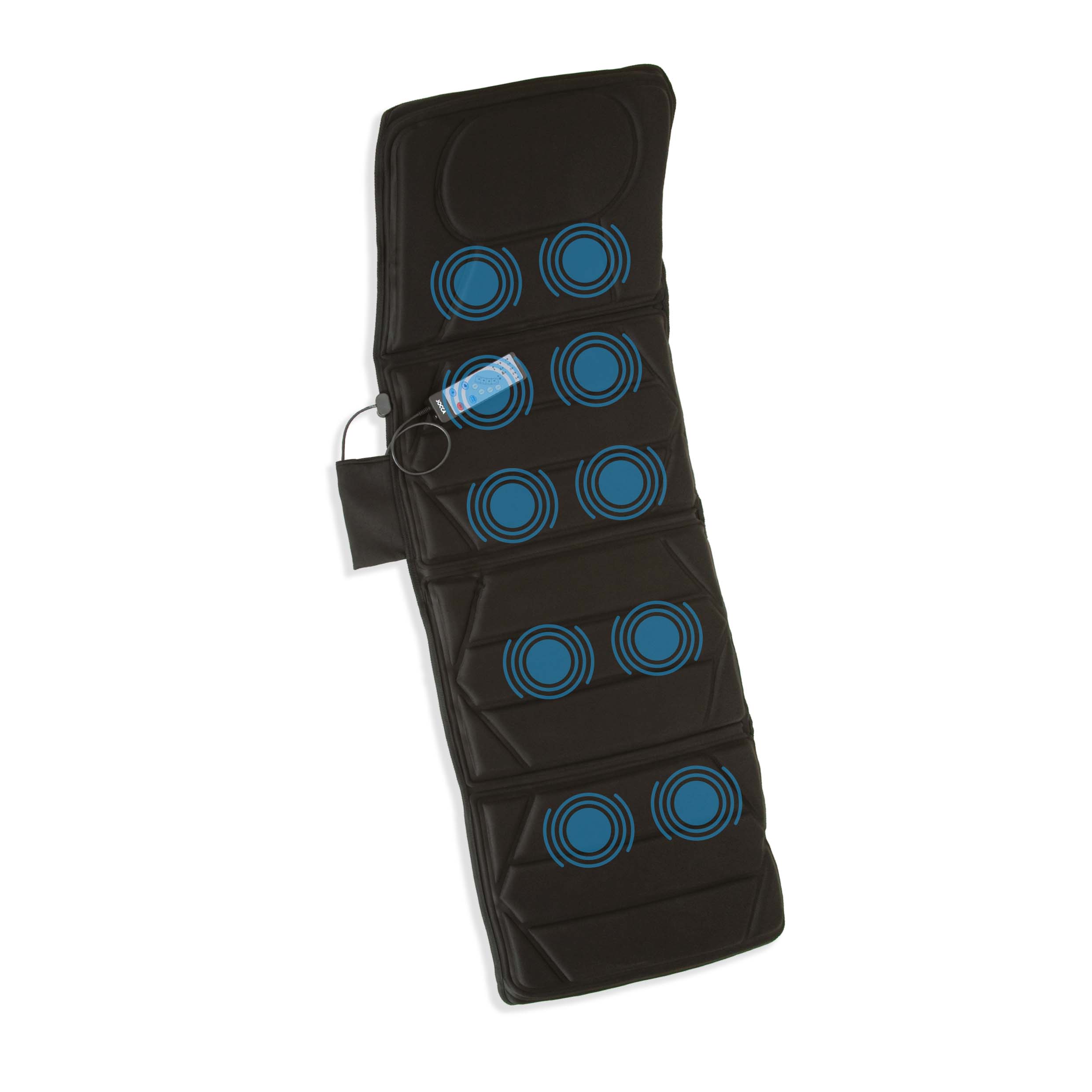 Colchón masajeador Jocca con 4 zonas: cuello, espalda, lumbares y muslos, 10 motores, 5 modos de masaje, intensidad ajustable y calor relajante. Plegable y ligero. Bolsa de transporte opcional. Medidas 165x60cm, potencia 14,4W. Ideal para casa o viaje