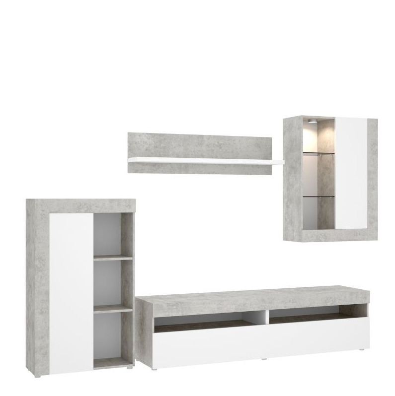 MOBELCENTER - Mueble Salón Tokio - Módulo TV, Módulo con estantes, Módulo Superior y Estante - Cemento y Blanco - 254 cm x 112 cm x 42 cm - (1200)