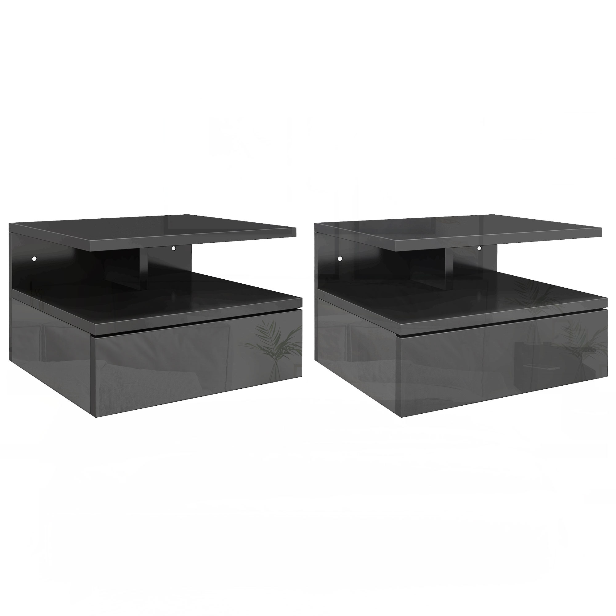 HOMCOM Juego de 2 Mesitas de Noche Flotantes, Mesillas de Noche Dormitorio con Cajón, Estante Abierto, para Sala de Estar, 35x32x22,5 cm, Negro Brillo