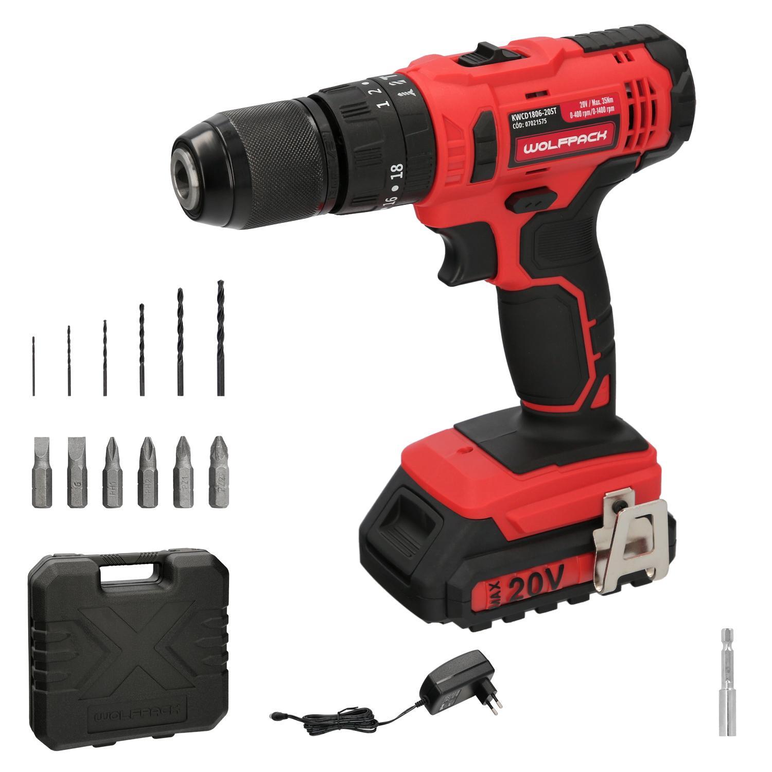 Taladro atornillador 20 v. con 2 velocidades y percutor. bateria 2 ah. par apriete 35 nm.