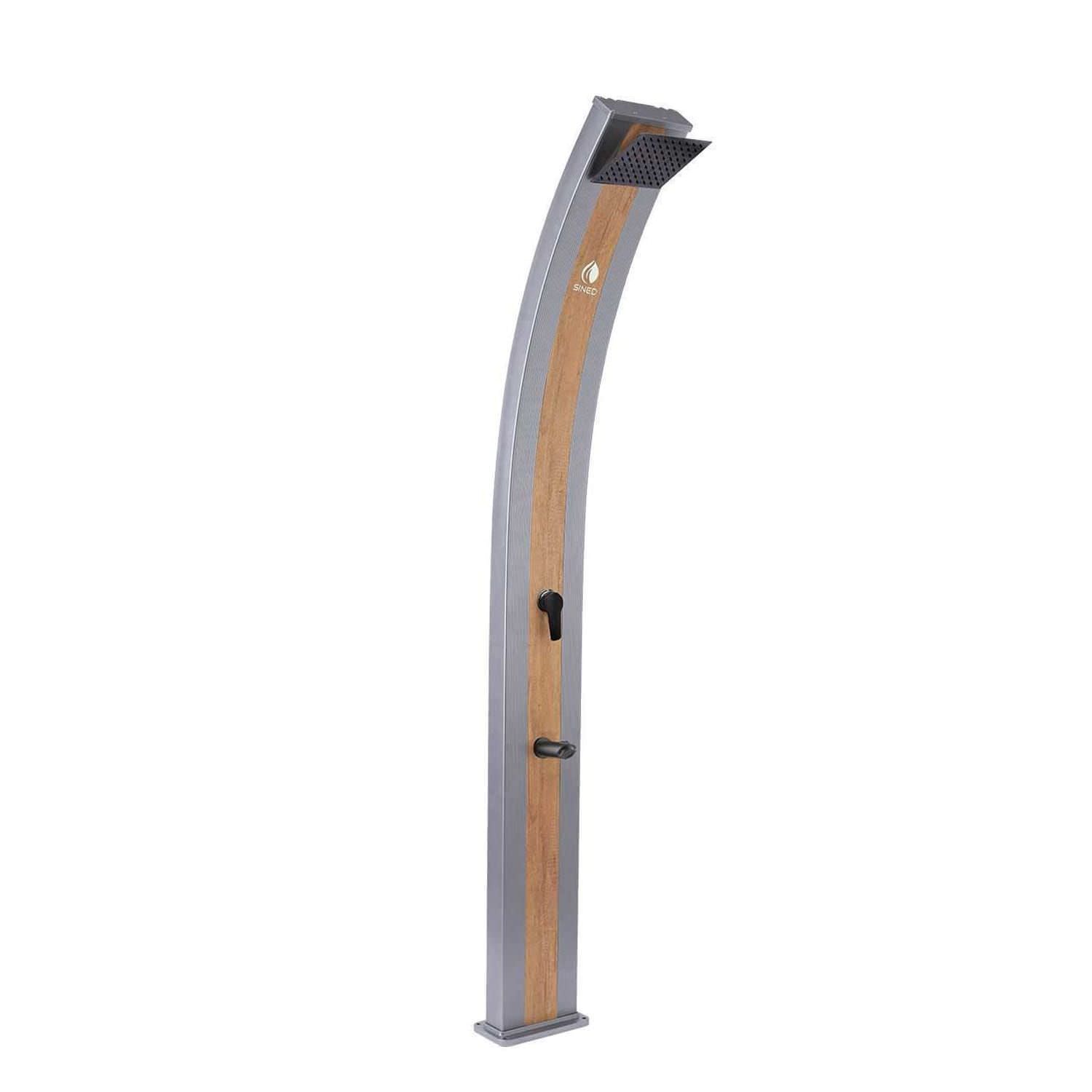 SINED Ducha Solar Gris de Aluminio con Banda Central Color Madera Estructura de 40 Litros Altura 224 cm Para Jardín y Piscina con Mezclador y Ducha Cuadrada Modelo Ella