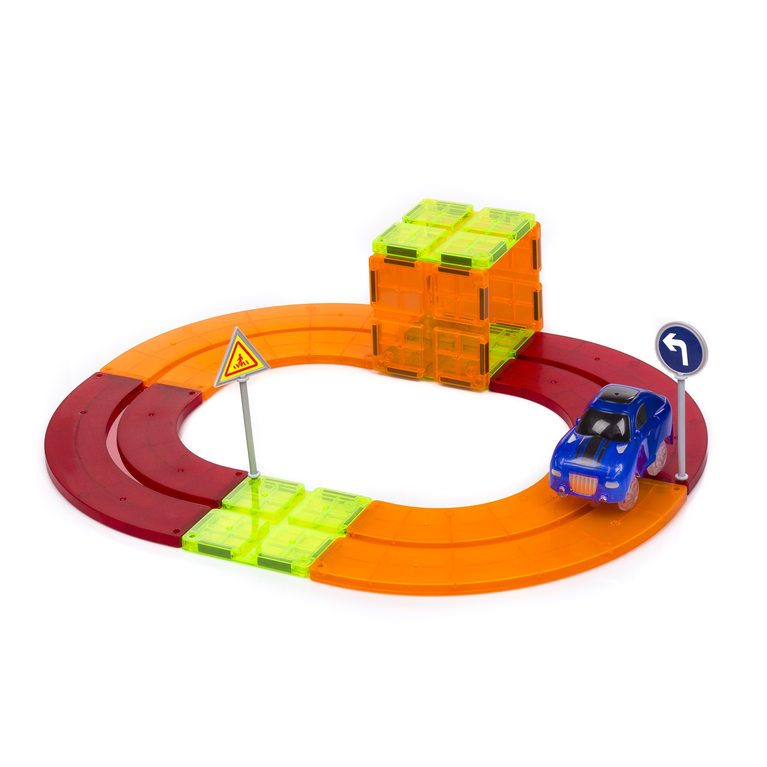 DAM. Pista para coches con piezas magnéticas. 19 piezas. Crea tus propios circuitos. Incluye 1 coche. 34x4x21cm