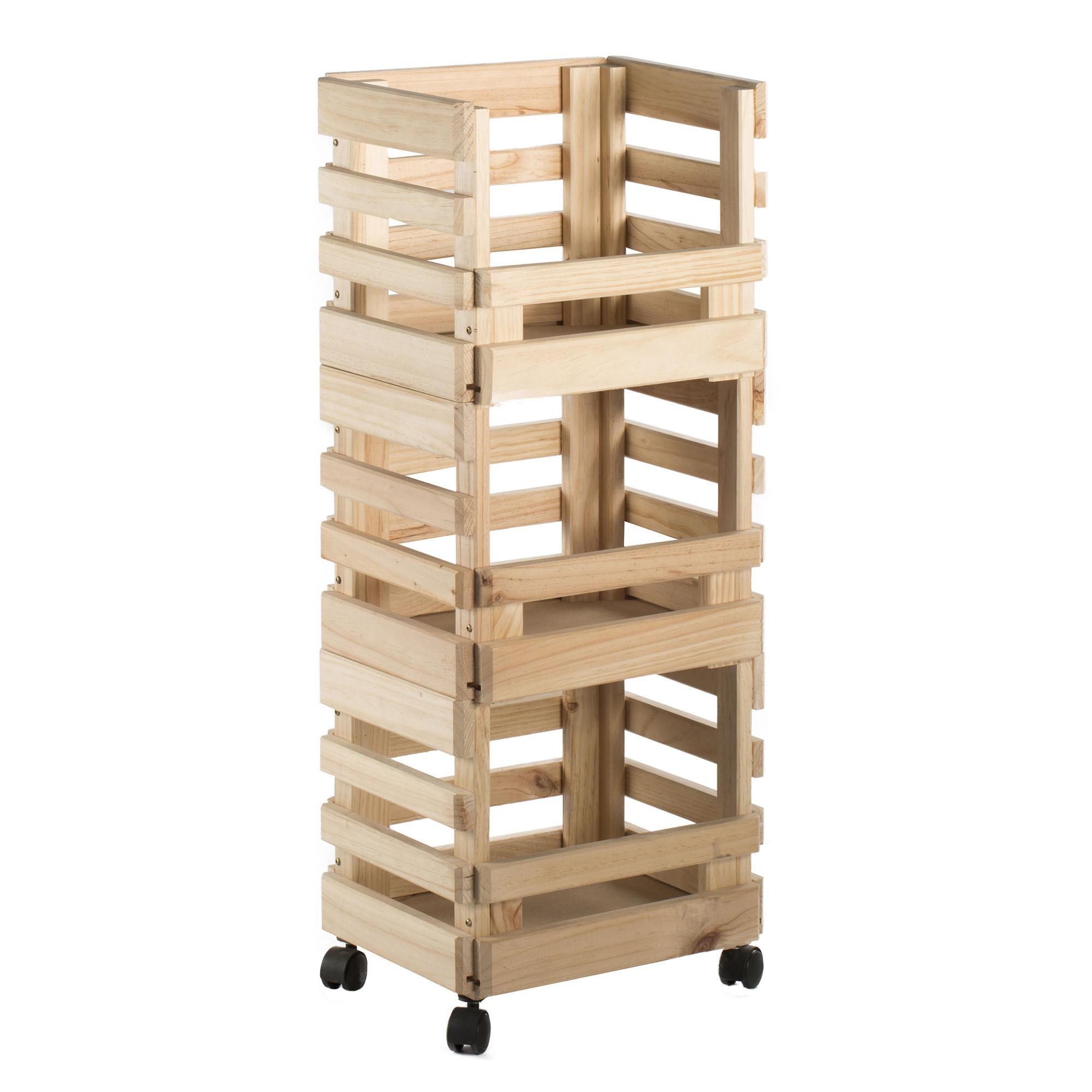 Carrito con tres cajas apilables de madera de pino (90x38x30cm) con ruedas