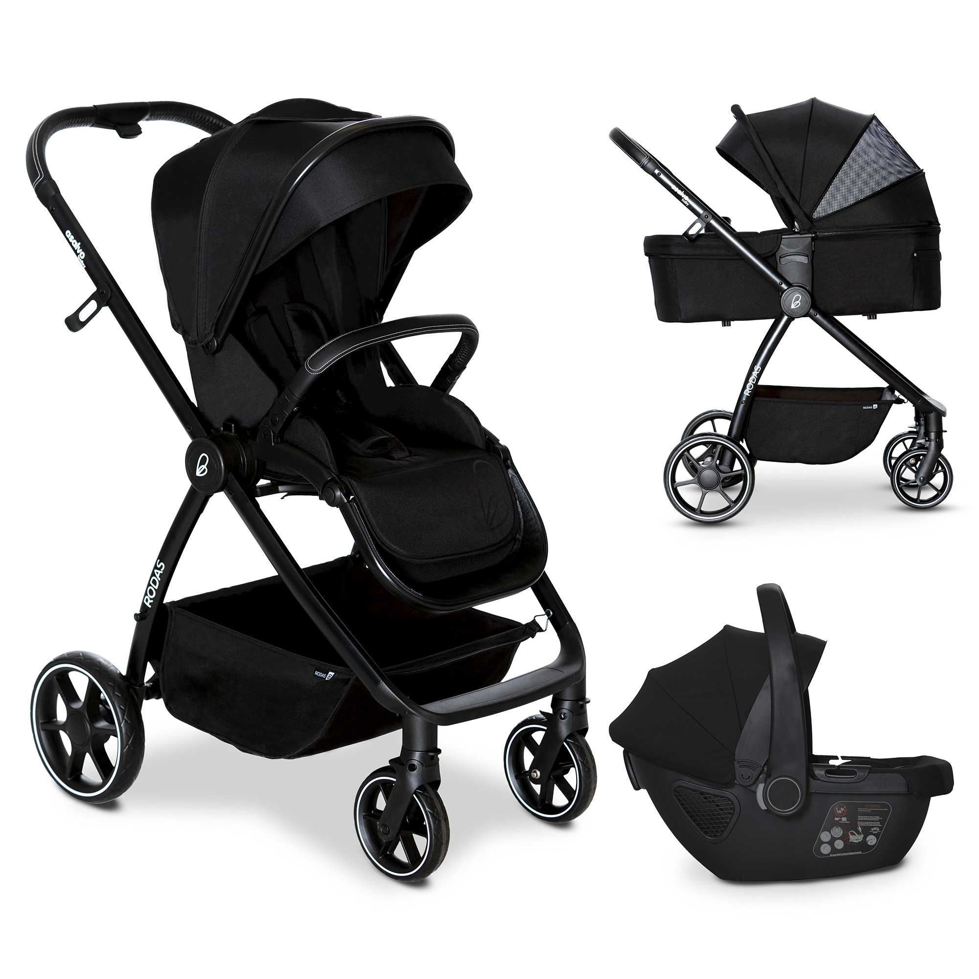 Asalvo Silla de Paseo Trío Rodas - Cochecito Asalvo Trio Rodas Negro – Sistema 3 en 1 con Capazo, Silla de Paseo y Grupo 0+, Chasis Resistente, Reclinable y Plegado Compacto para Bebés desde el Nacimiento hasta 22 kg