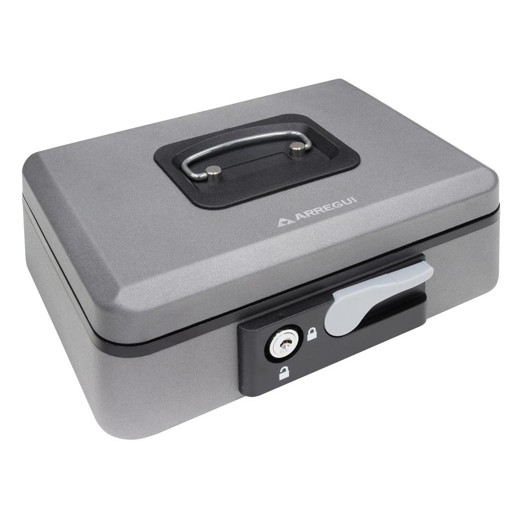 ARREGUI Popup Caja Caudales con Llave y Pulsador de Apertura para Contar y Transportar Dinero | Caja de Seguridad de acero y bandeja interior | Caja fuerte portatil | Gris grafito