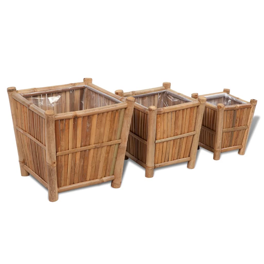 vidaXL Jardineras con forro de nailon 3 unidades bambú