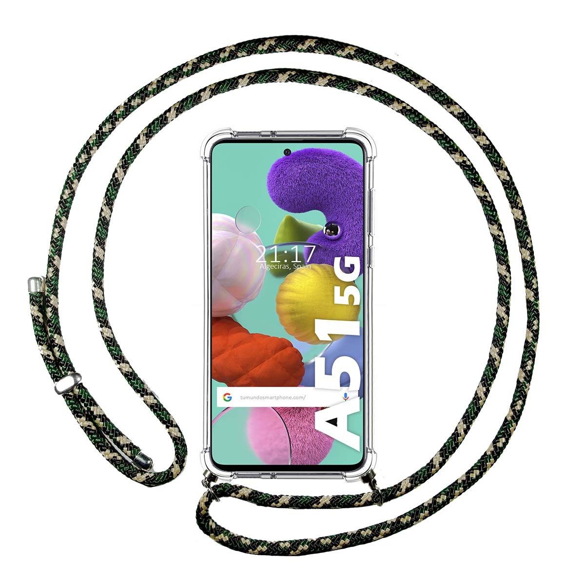Tumundosmartphone Funda Colgante Transparente para Samsung Galaxy A51 5G con Cordon Verde / Dorado