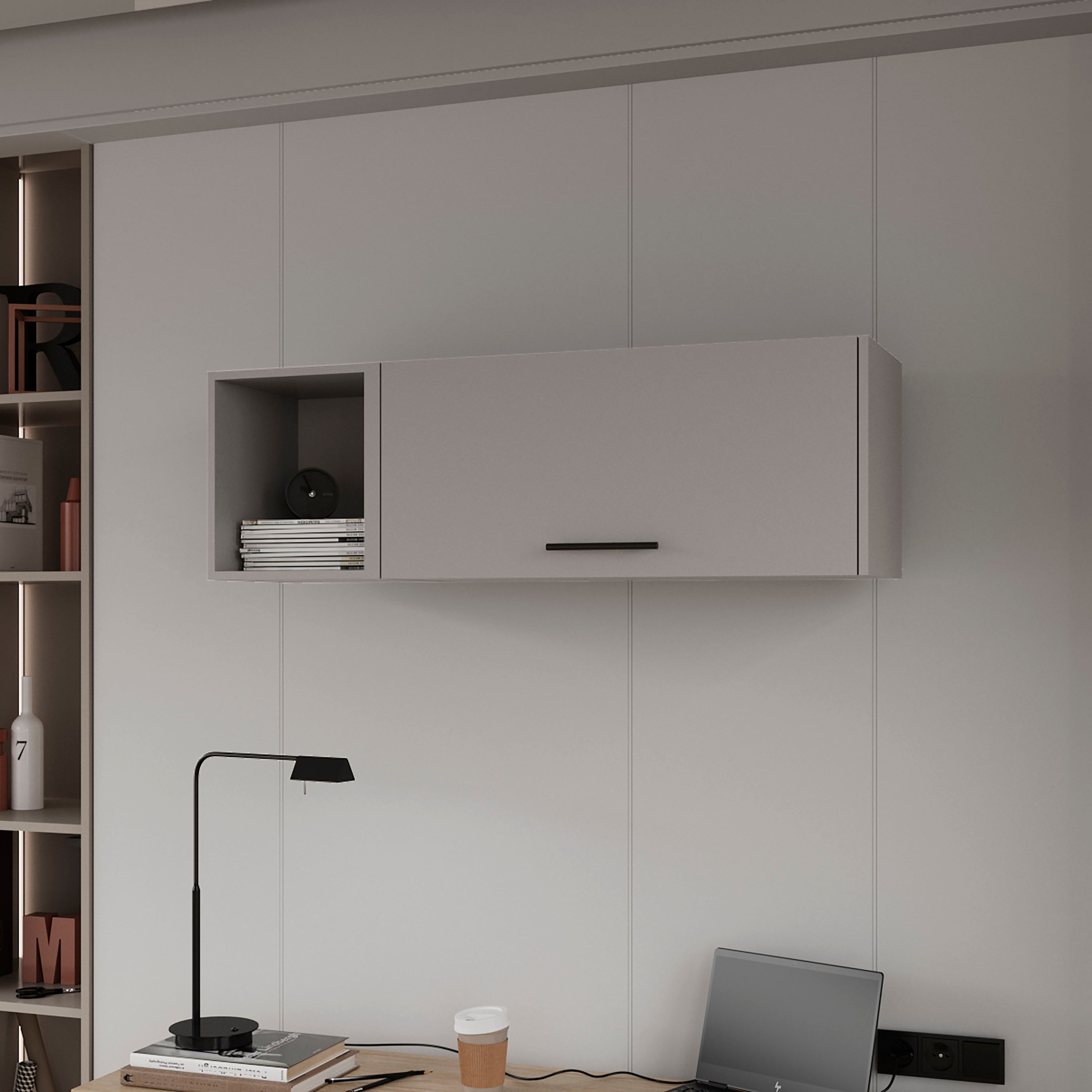 TUHOME Archivador de pared en melamina con 3 estantes y puerta abatible superior , gris , 37.8 cm X 119.9 cm X 33 cm