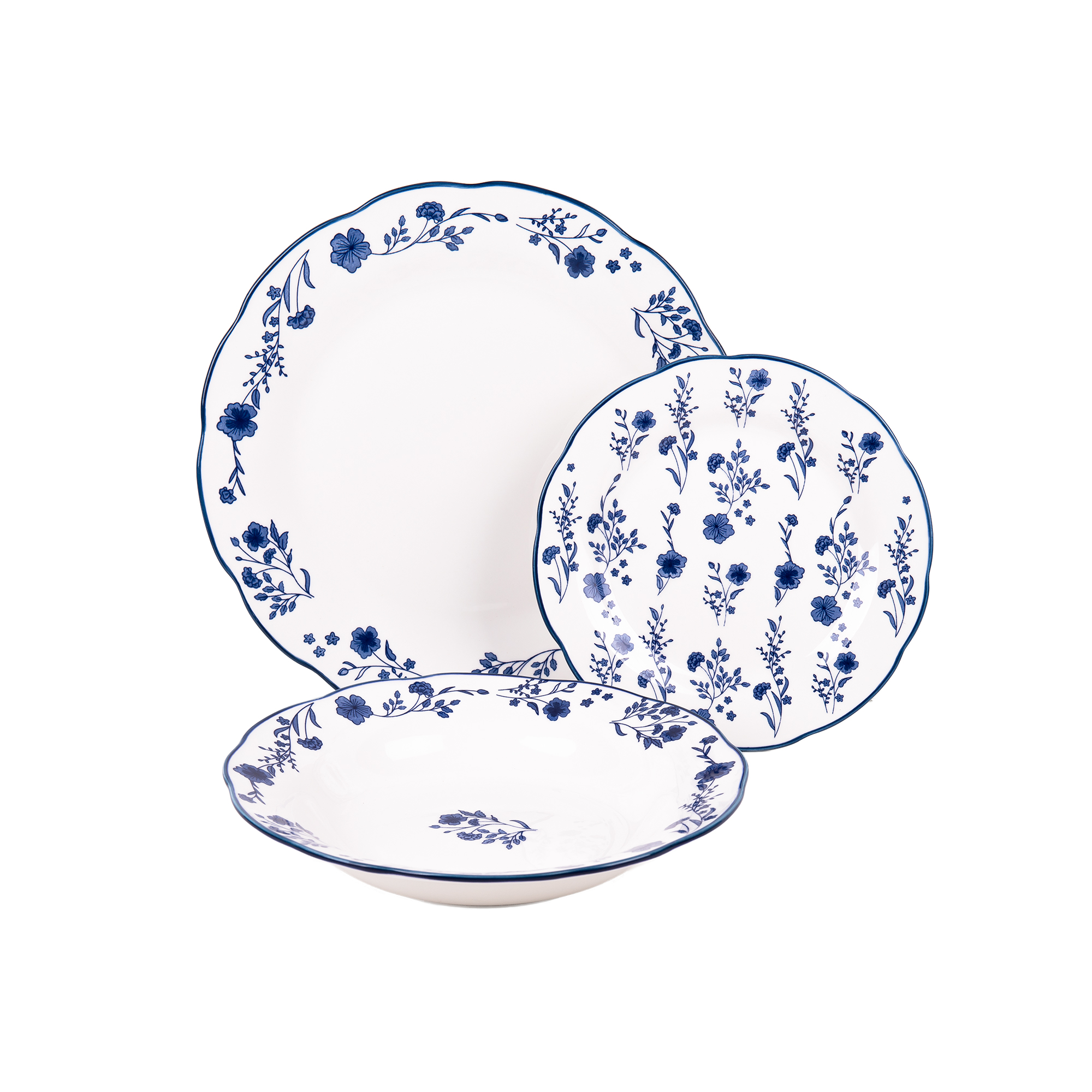 Cofan Vajilla de porcelana esmaltada | Juego de 18 piezas | Diseño floral azul y blanco | Apta para lavavajillas_ microondas y horno