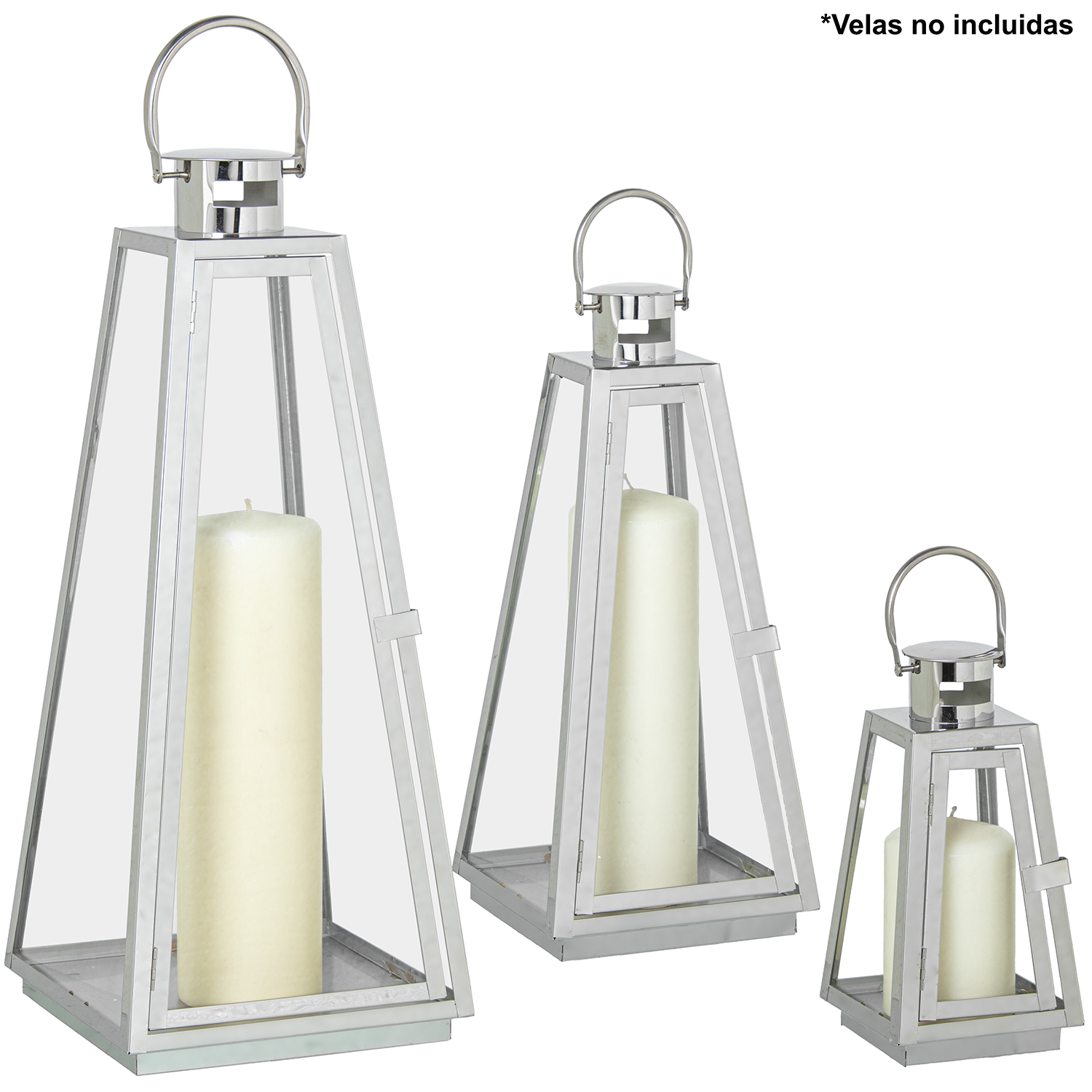 Set 3 faroles portavelas metalcromado 12x12x25 y 17x17x39 y 18x18x53cm
