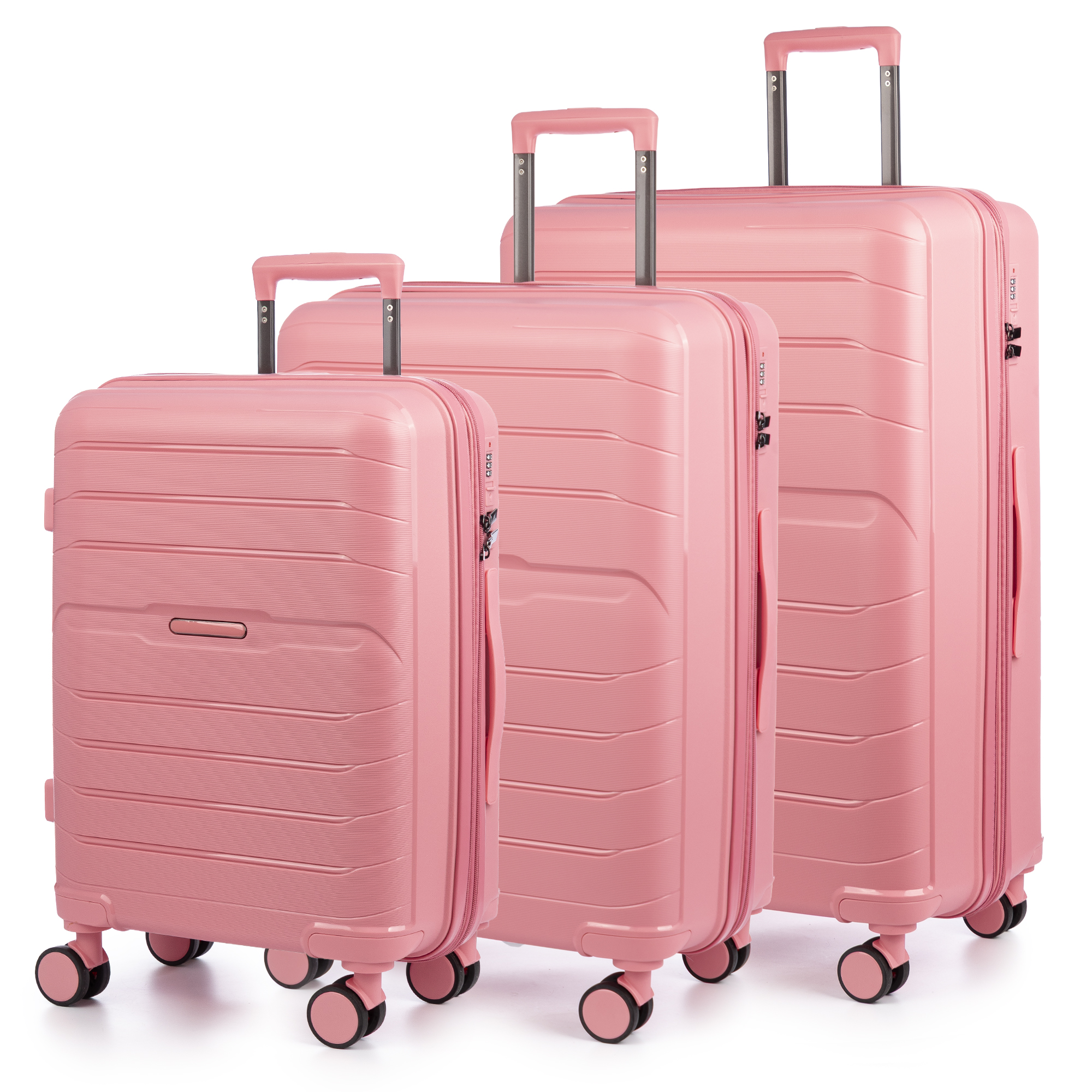 DAM Juego de 3 maletas Trolley extensibles, en material ligero PP resistente a la rotura. Cerradura TSA numérica, 4 ruedas dobles giratorias 360°. 50x30,5x76,5 Cm.