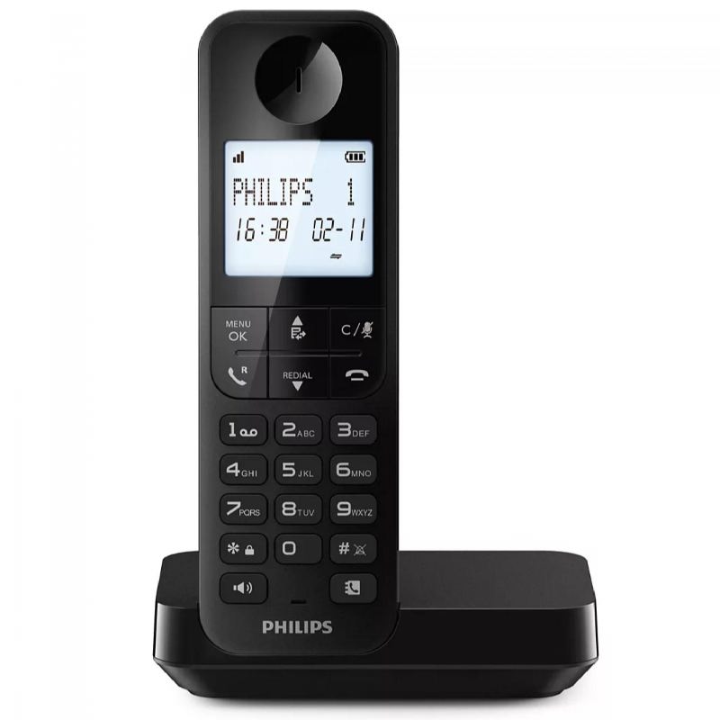 Philips D2701B - Teléfono Fijo Inalámbrico, Pantalla Retroiliminada 4,6', Micrcoteléfono Vertical, Llamadas Manos Libres, hasta 14 Horas, Antena Optimizada, Ajustes de Privacidad, Color Negro
