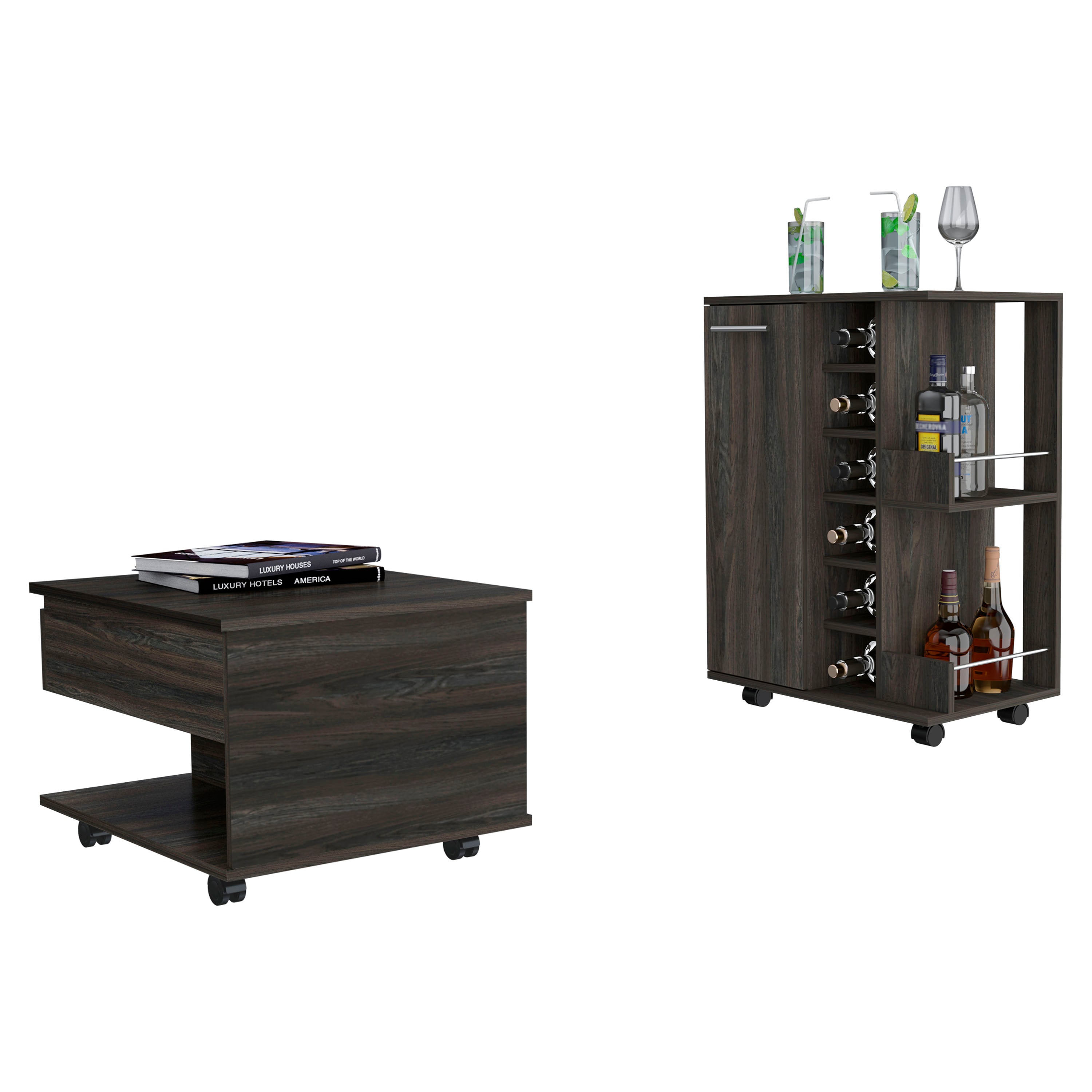 TUHOME Conjunto Inwood de Salón, Carrito de Bar + Mesa de Centro, Carbón