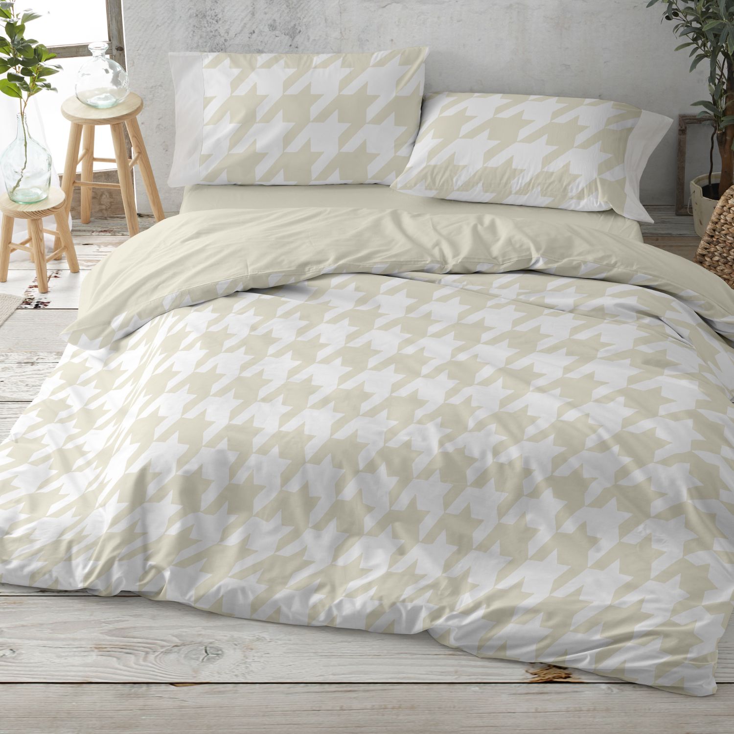 Juego Funda Nórdica 100% Algodón - Diseño Geométrico Pata de Gallo | Todas las Medidas de Cama | Suave y Duradero