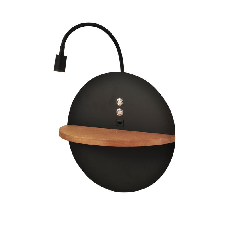 Dual - Aplique de pared con estante y luz LED 15W Fabas Luce Touch dimmer - Negro mate con USB integrado en madera
