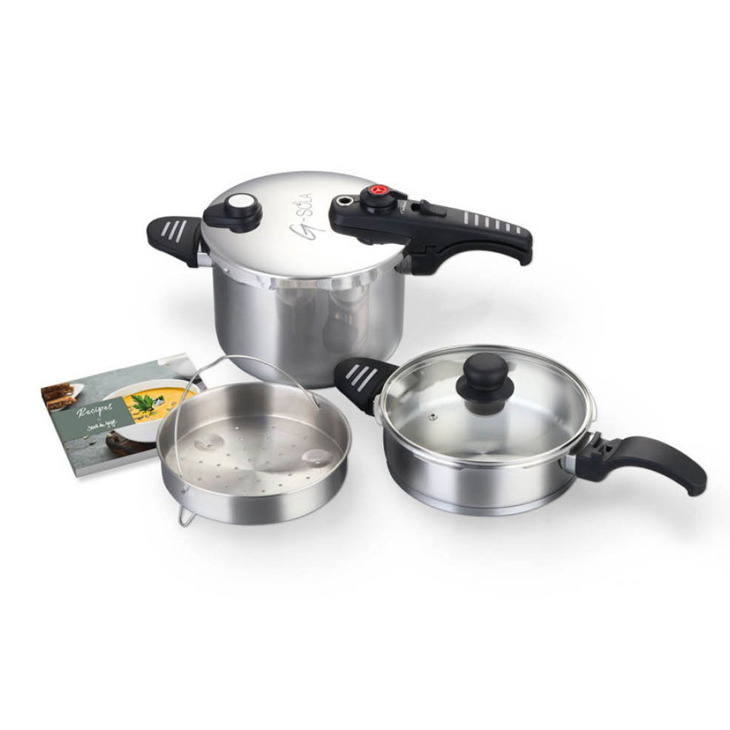 G-SOLA Olla a Presión Acero Inoxidable 18/10 [2.5L, 4L, 6L, 8L] – Doble Nivel de Cocción Rápida/Súper Rápida, Triple Seguridad, Apta para Inducción y Lavavajillas + Recetario David de Jorge