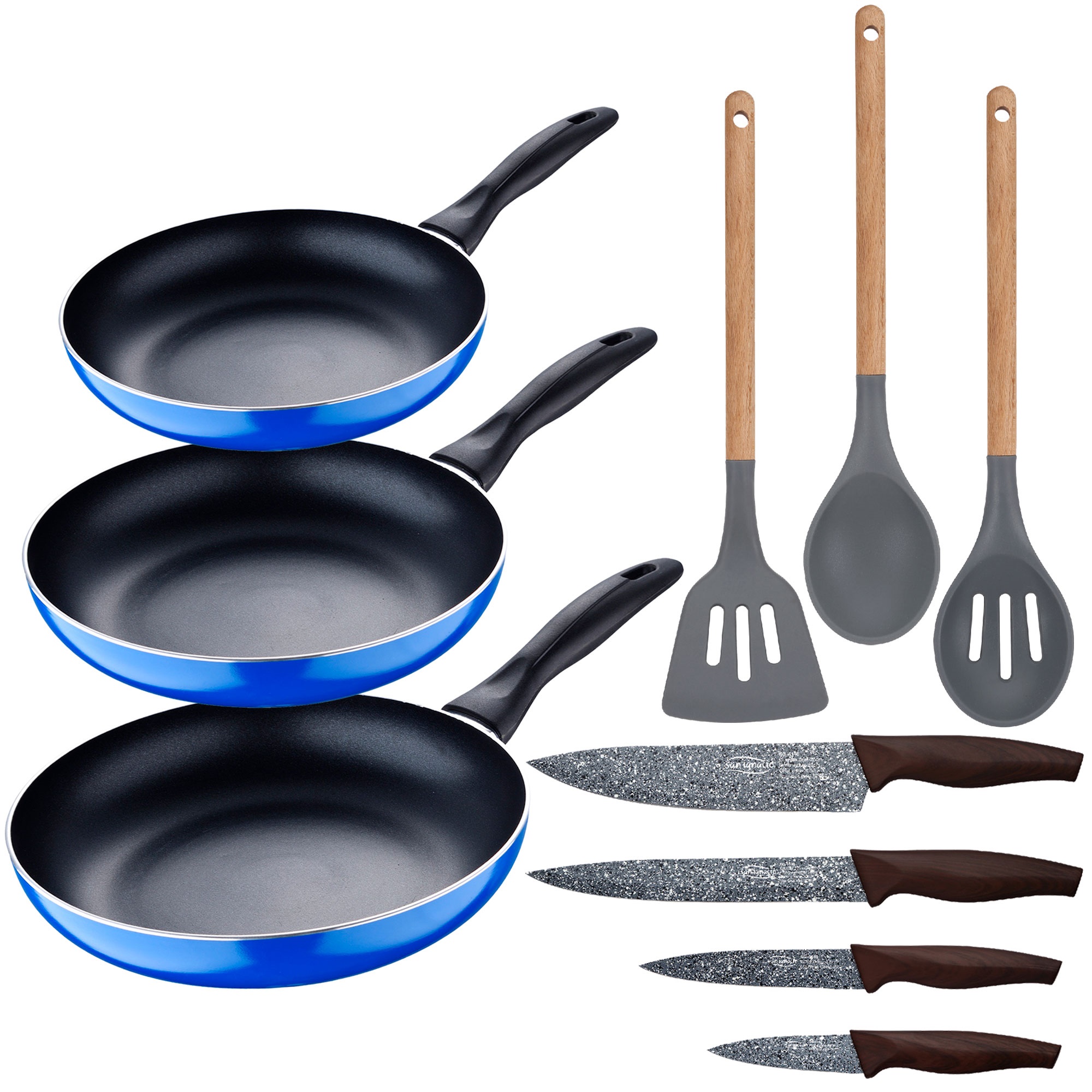 Set 3pc sarten (16+20+24cm) aluminio prensado, inducción, azul navy paradise con Set 3pc utensilios de cocina silicona madera
