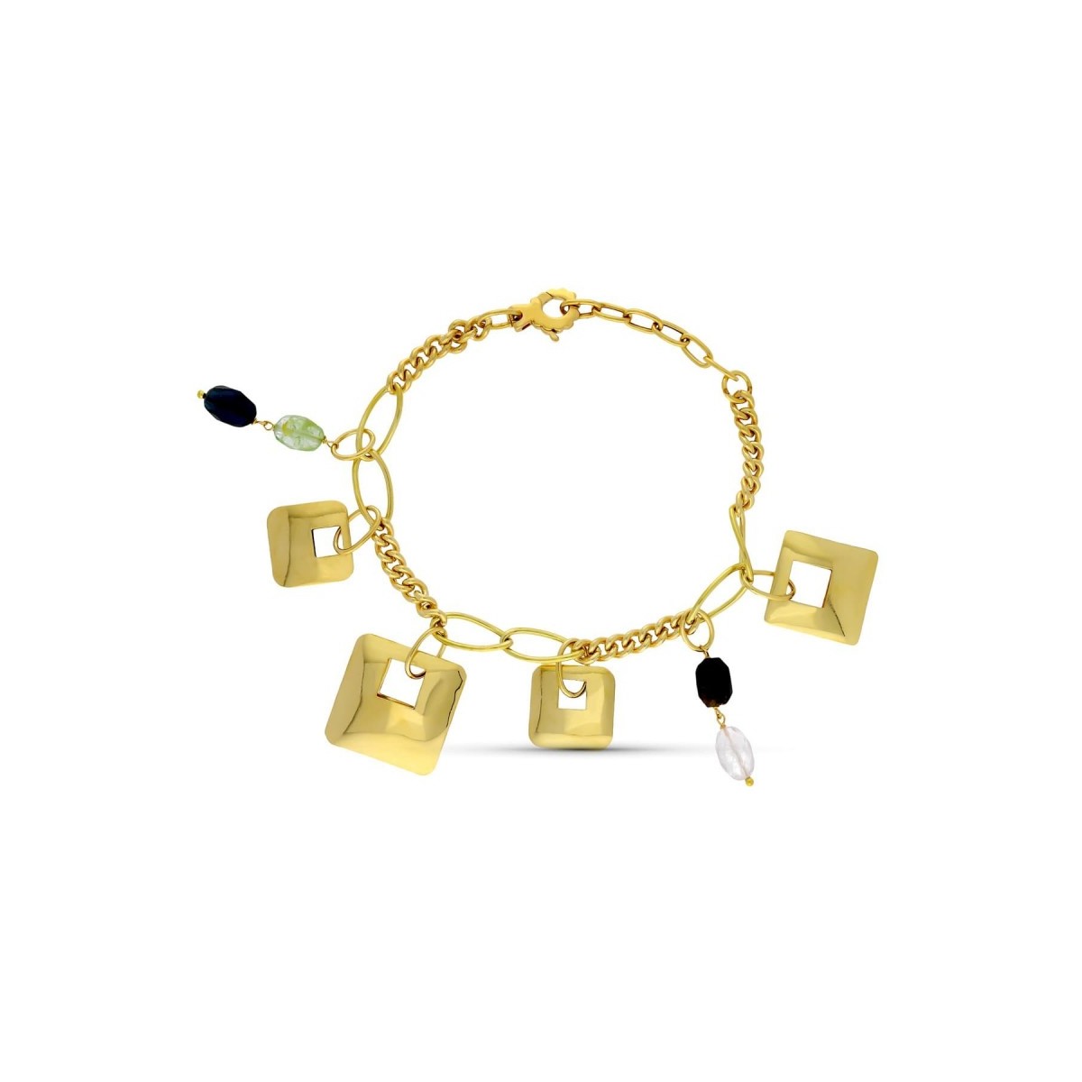 Pulsera oro 18k mujer cadena combinada colgantes cuadrados combinados piedras colores