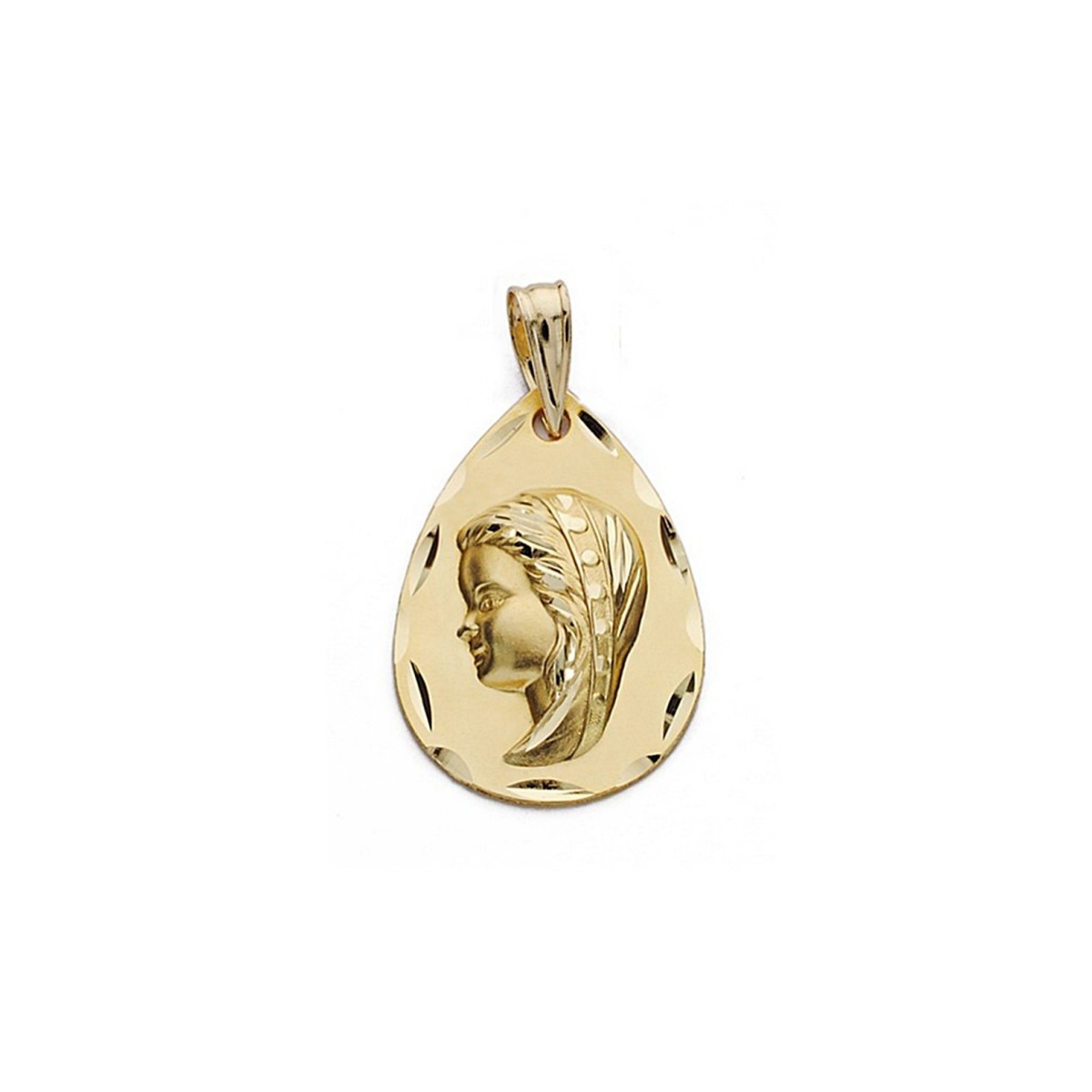 Medalla oro 18k Virgen Niña 21mm. biselada borde tallado oval