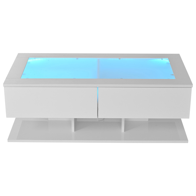 Table basse blanche brillante 100 x 50 cm avec plateau en verre trempé, LED et deux tiroirs