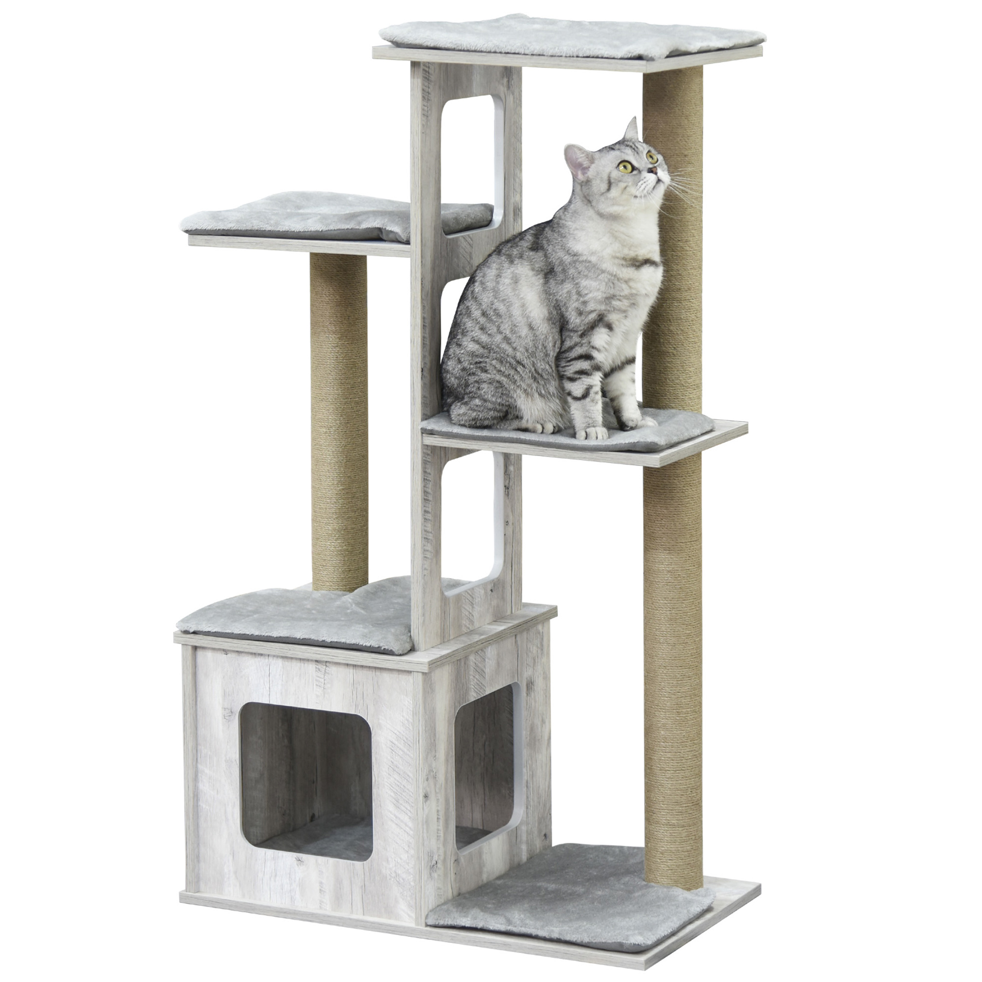 PawHut Árbol Rascador para Gatos 67x38,5x114 cm Torre de Escalada de Gatos con Cueva de Madera Múltiples Plataformas y Postes de Rascar de Yute Juego y Descanso Gris
