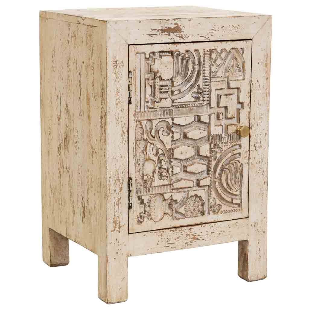 Wonderlust Deco - Mesita de noche de madera tallada artesanal beige 40x35x60h cm Beige 40x35x60h cm