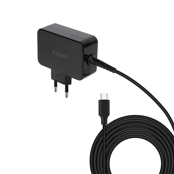 TooQ TQLC-USBCGAN65PD USB-C Laptop Charger 65W Black with 1.8m Cable, compatible with all USB-C devices including MAC, CE certified for safety.