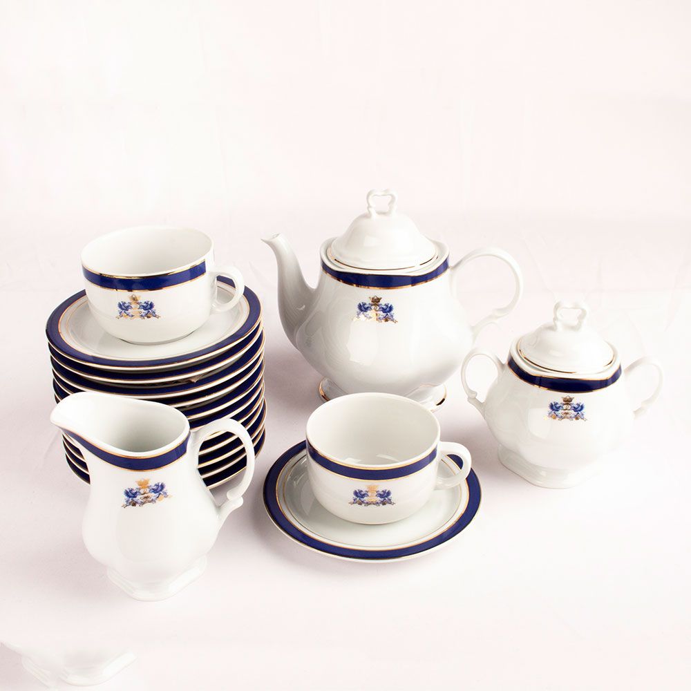 Crc Juego de Té de Porcelana Blanca con Azul Cobalto y Filo de Oro para 12 Personas | Duisburg