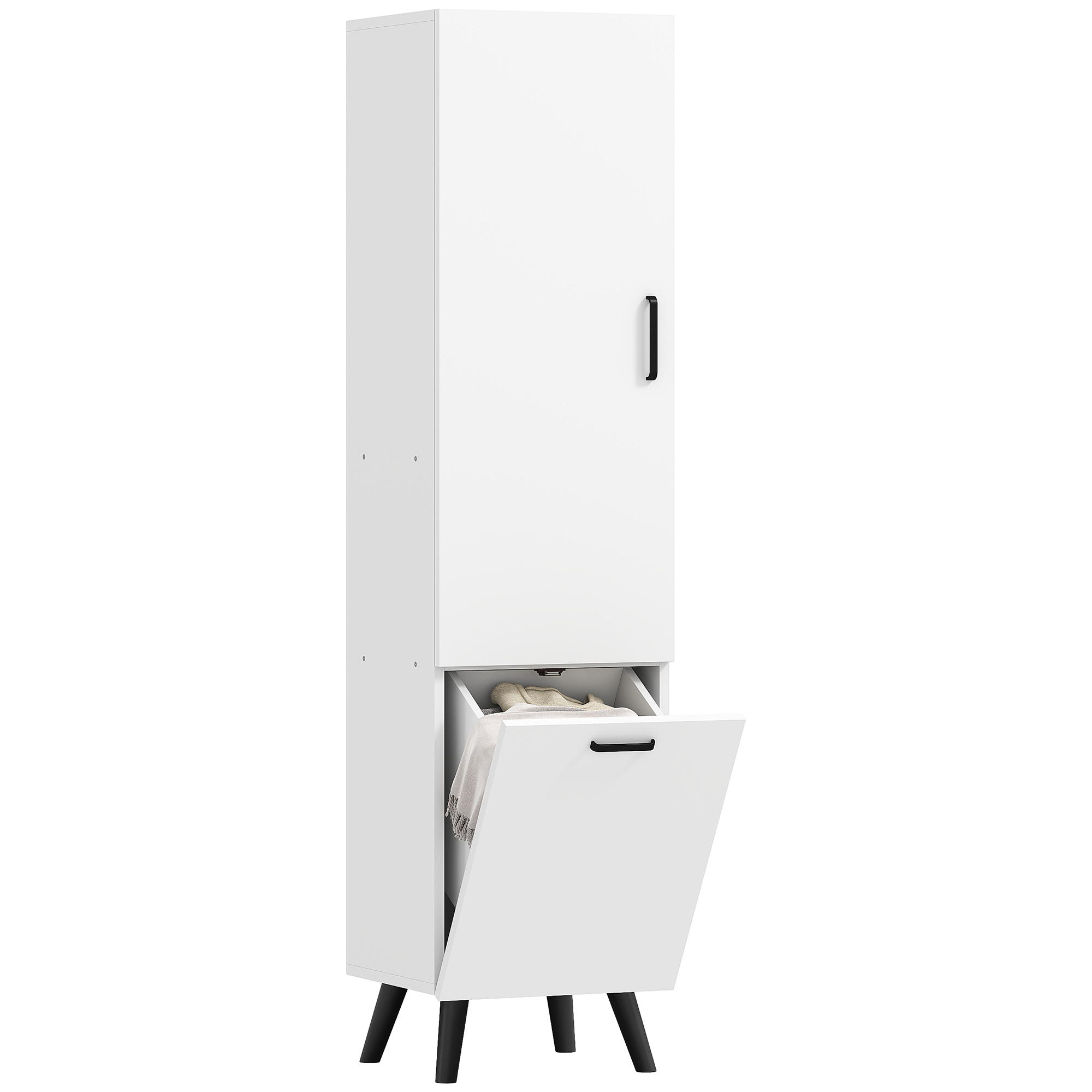 HOMCOM Armario de Baño Alto con Cesto Ropa Sucia Columna de Baño Estrecho con Puerta y Estantes Mueble Auxiliar para Salón Cocina 35x31,5x144 cm Blanco