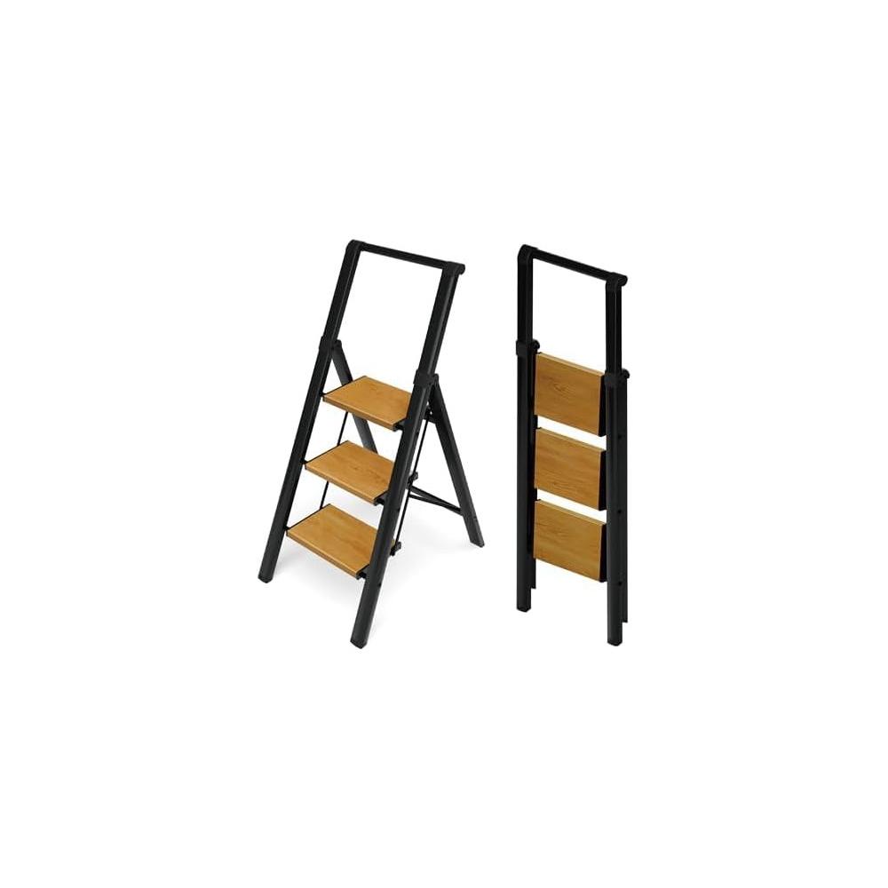 Escalera MAYA - Escalera domestica de aluminio y hierro. 3 peldaños (negro-madera)