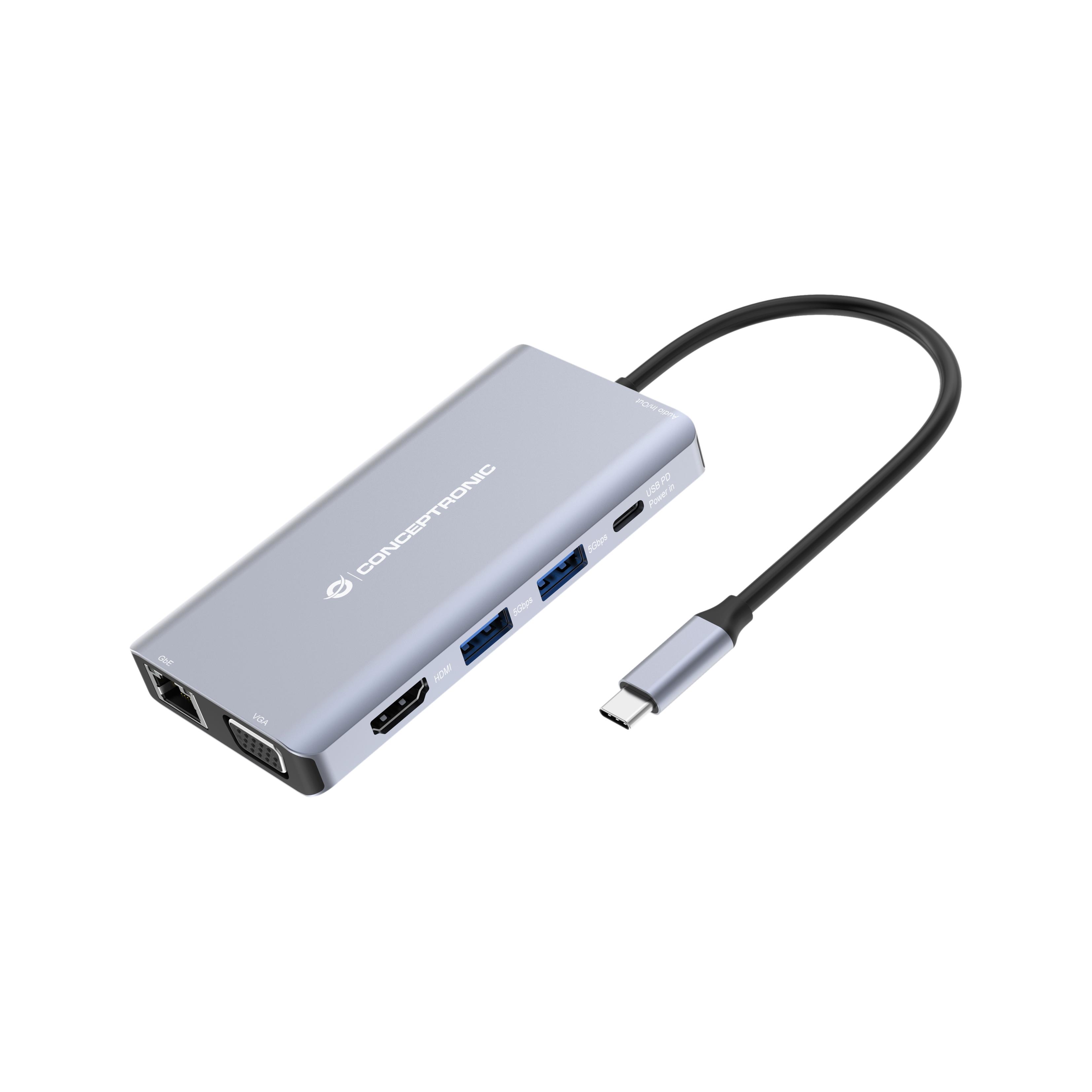 Conceptronic DONN20G base para portátil y replicador de puertos Alámbrico USB 3.2 Gen 1 (3.1 Gen 1) Type-C Gris
