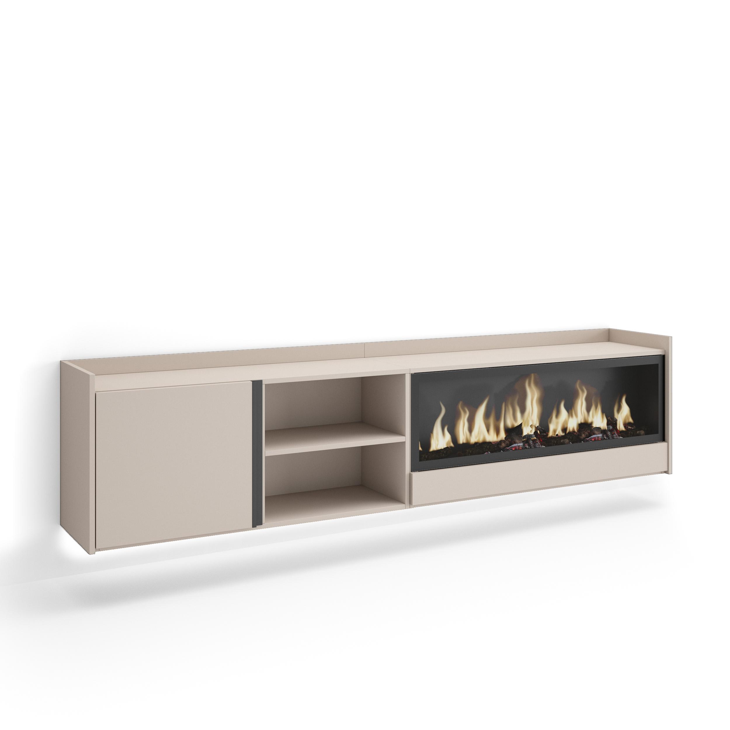 Mueble TV, Televisión, 212x35x50cm, Para TV hasta 80", Chimenea eléctrica XXL, Colgado, Suspendido, LED