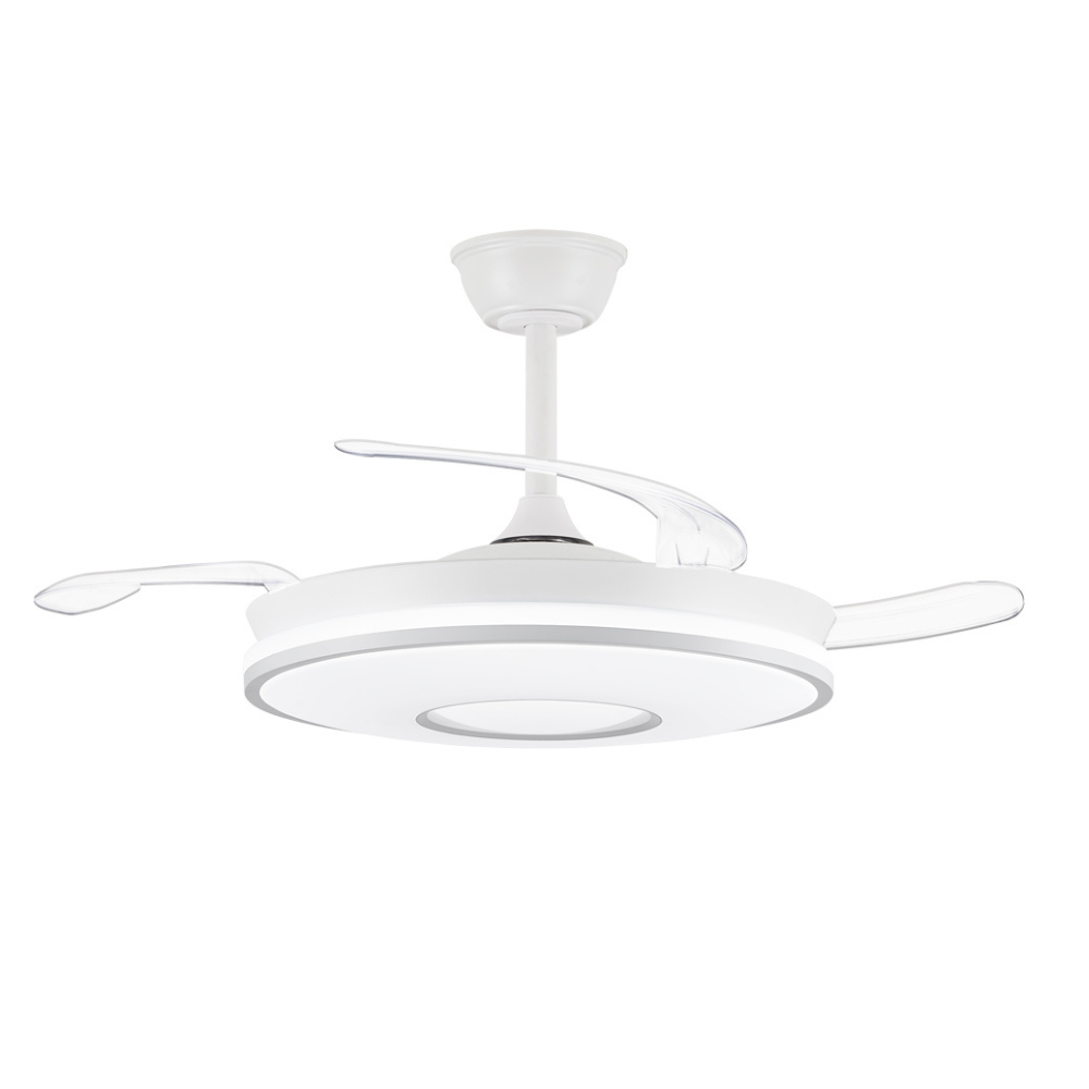 PROMO Ventilador de techo DECO con motor DC 6 velocidades Tecnología Led muy eficiente 45W tres tonalidades, Control remoto con temporizador, luz REGULABLE en color e intensidad, MEMORIA motor inverter verano/invierno ultra silencioso.