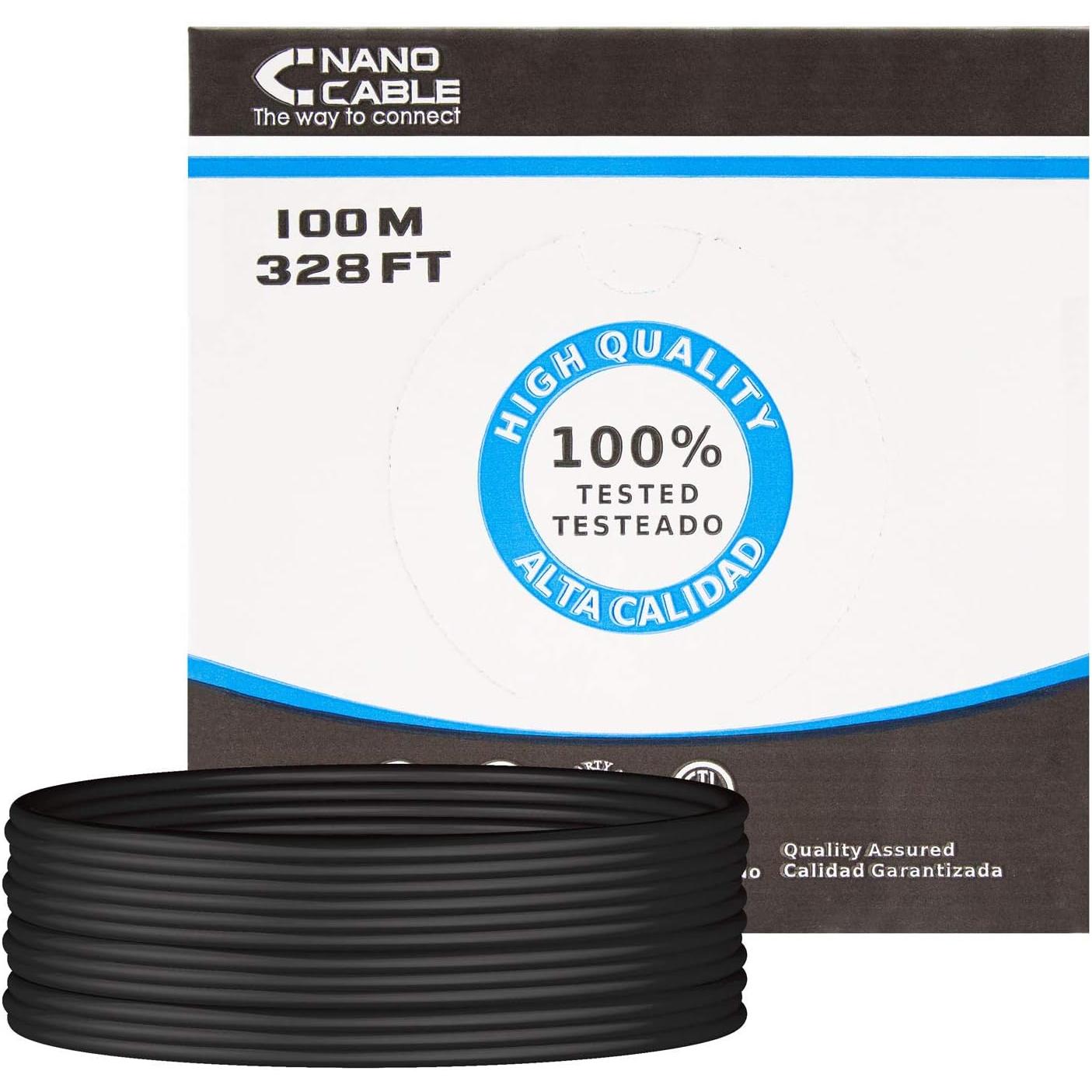 Nanocable Bobina de Cable de Red Ethernet RJ45 Bulk Granel para Exteriores UTP Cat.5E AWG24 100m Impermeable Fabricada con Polietileno de Alta Calidad Resistente a los Rayos Ultravioleta - Color Negro - 10.20.0302-EXT-BK