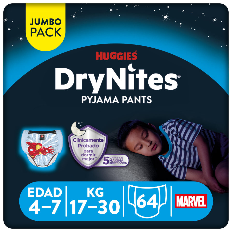 Huggies DryNites Pyjama Pants Para Niño y Niña. Disponibles en Talla 3-4, 4-7, 8-13.