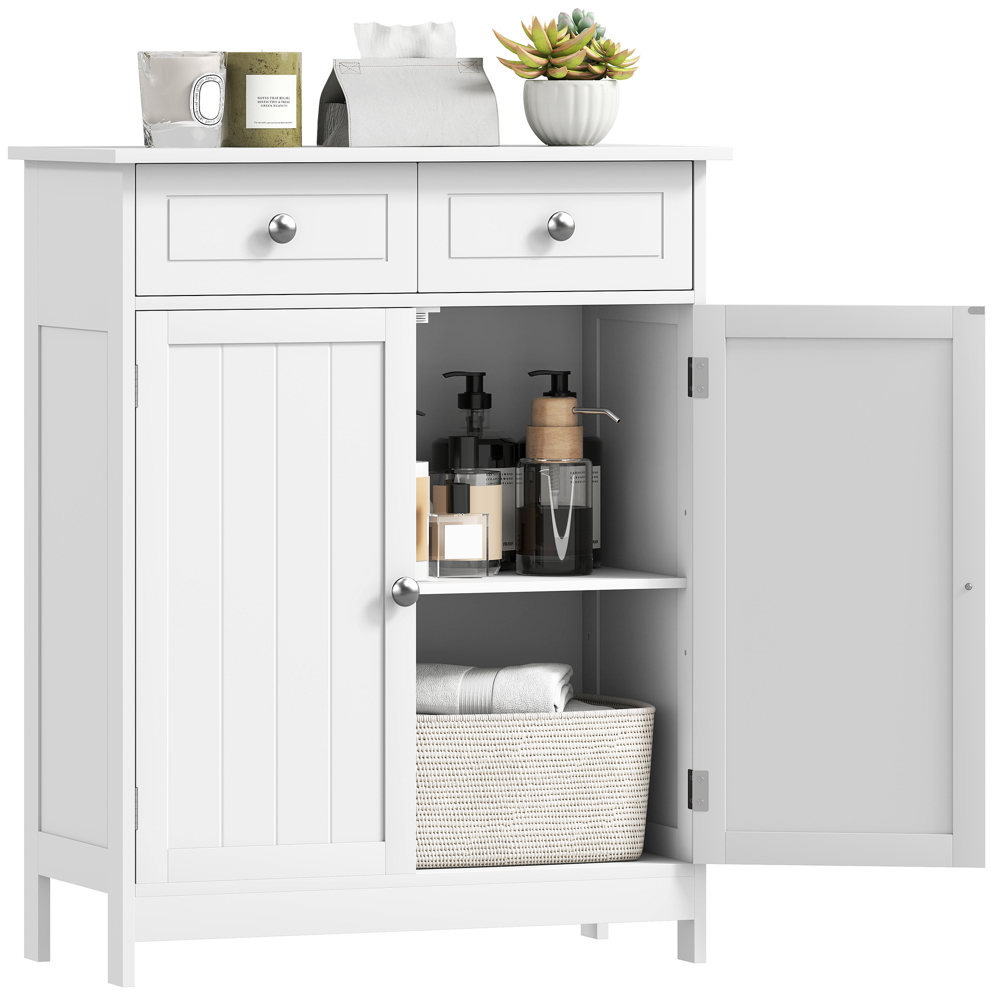 kleankin Armario Auxiliar de Baño Mueble Auxiliar de Baño con 2 Cajones 2 Puertas y Estante Ajustable Estilo Moderno para Ducha Dormitorio 60x30x75 cm Blanco