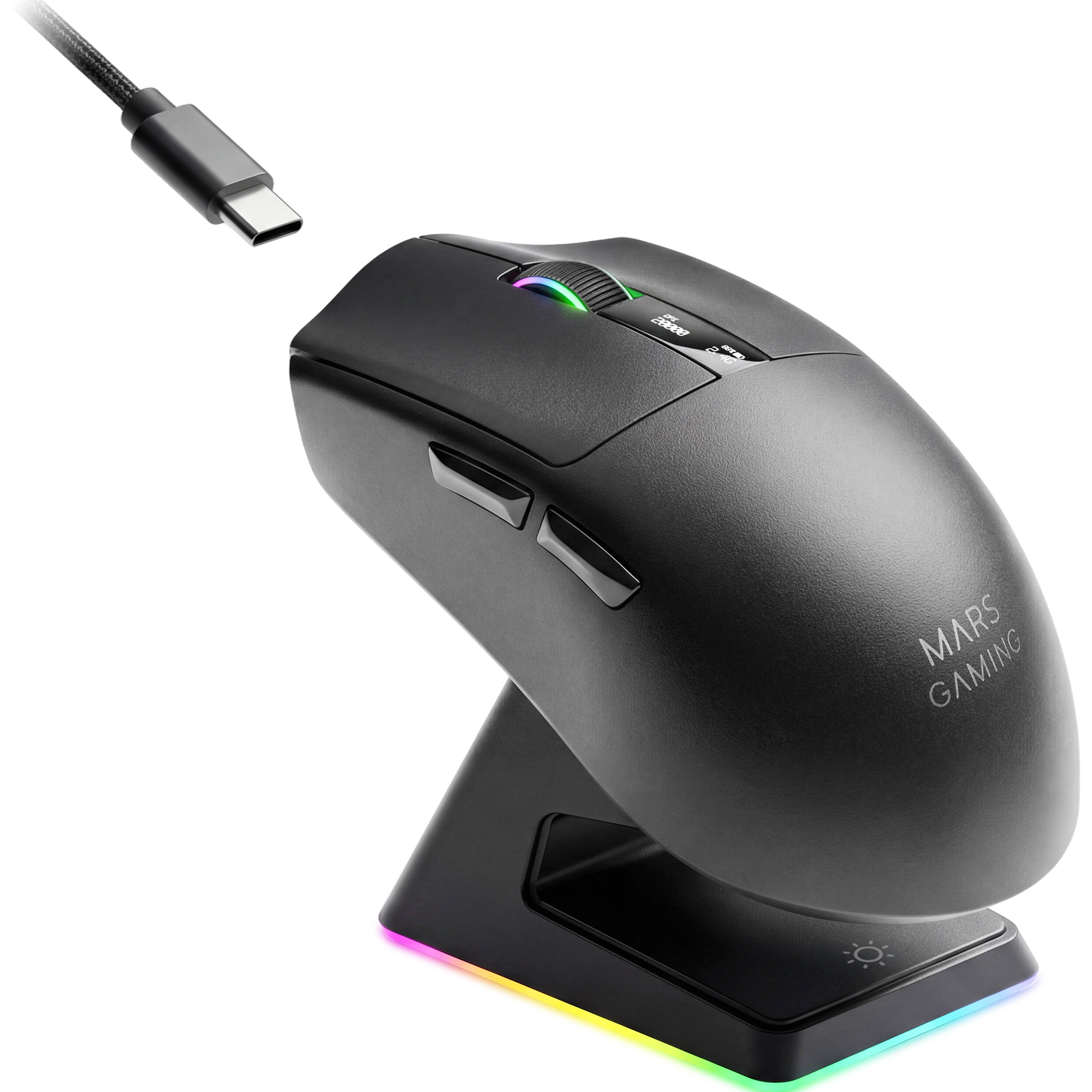 Mars Gaming MMW-ELITE, Ratón Inalámbrico Gaming, Bluetooth 5.4 + 2.4GPRO + Cable, Sensor Óptico PixArt PAW3311PRO 20000 DPI, Ultraligero 69g, 6 Botones, Pantalla OLED, Base Carga Magnética RGB, Negro o Blanco