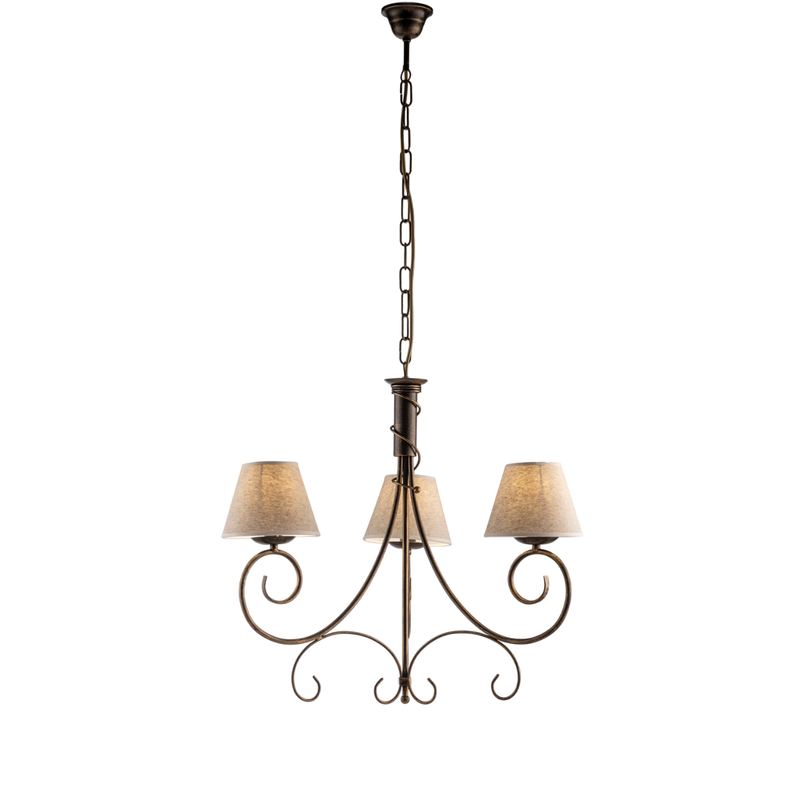 Lámpara de araña Vienesa marrón con oro antiguo y pantallas efecto yute, 3 luces Ø52 cm - Belight