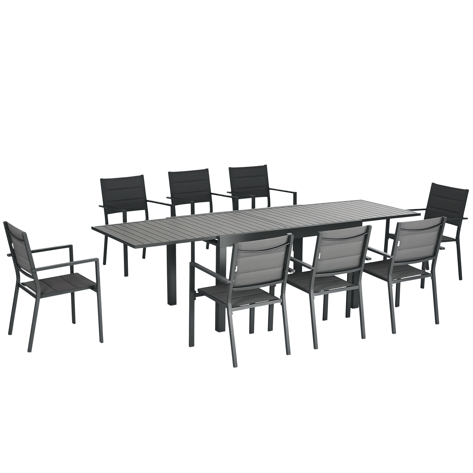 Outsunny Conjunto de Muebles de Jardín de 9 Piezas Marco de Aluminio Juegos de Comedor de Jardín con Mesa Extensible y 8 Sillas Apilables para Terraza Patio Gris