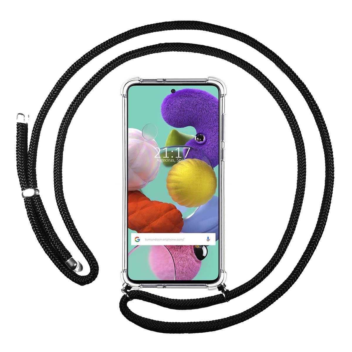 Tumundosmartphone Funda Colgante Transparente para Samsung Galaxy A51 con Cordon Negro